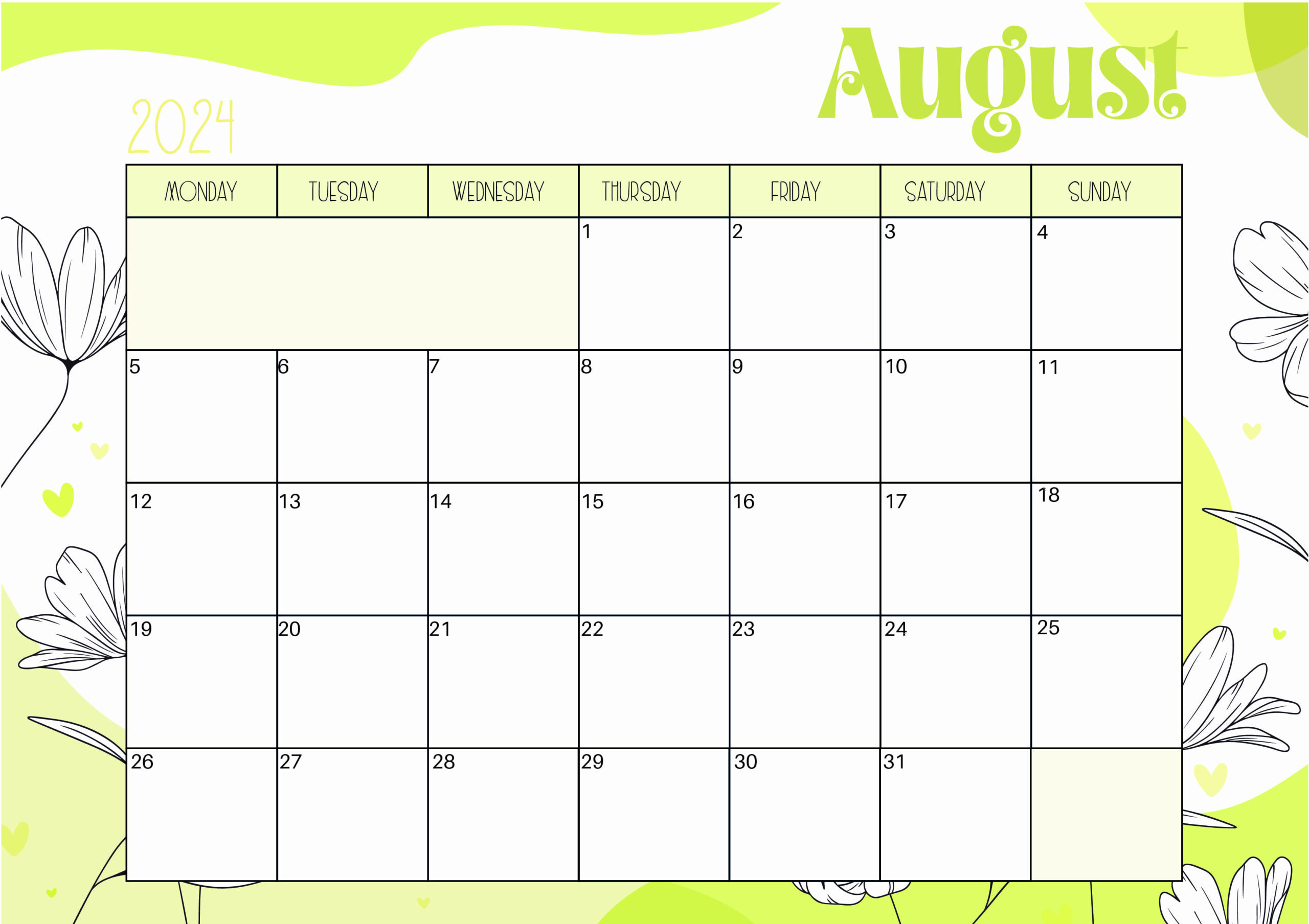 August 2024 Calendar for Printing