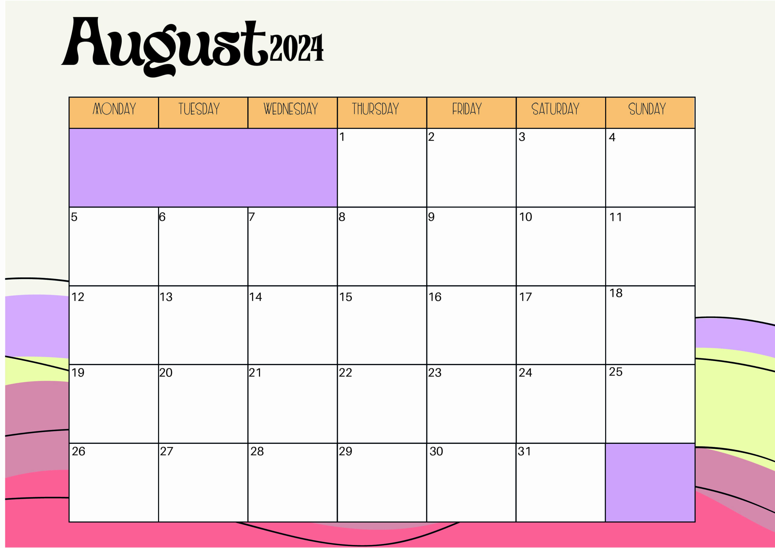 August 2024 Calendar for Printing in PDF