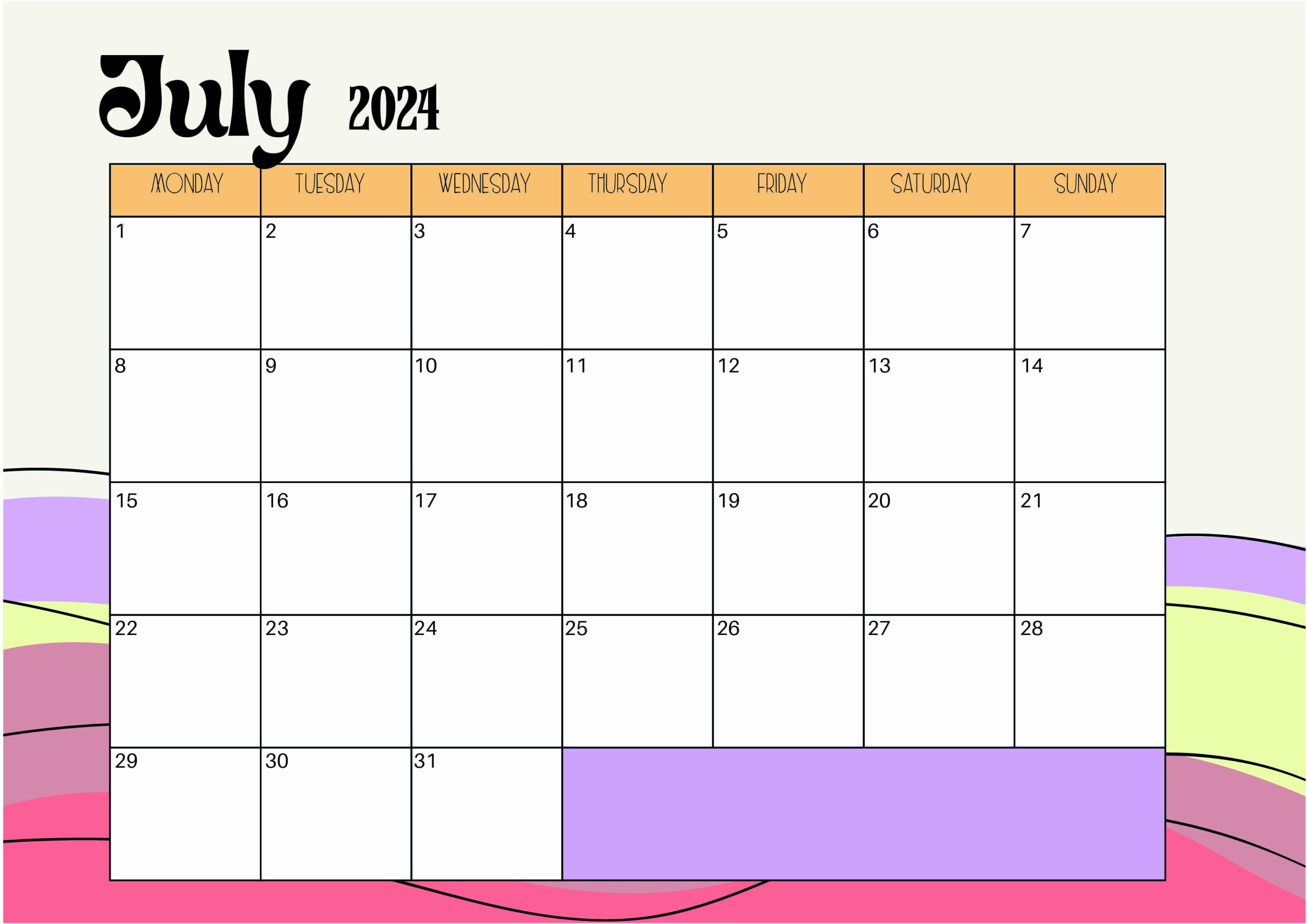 July 2024 Calendar for Printing in PDF