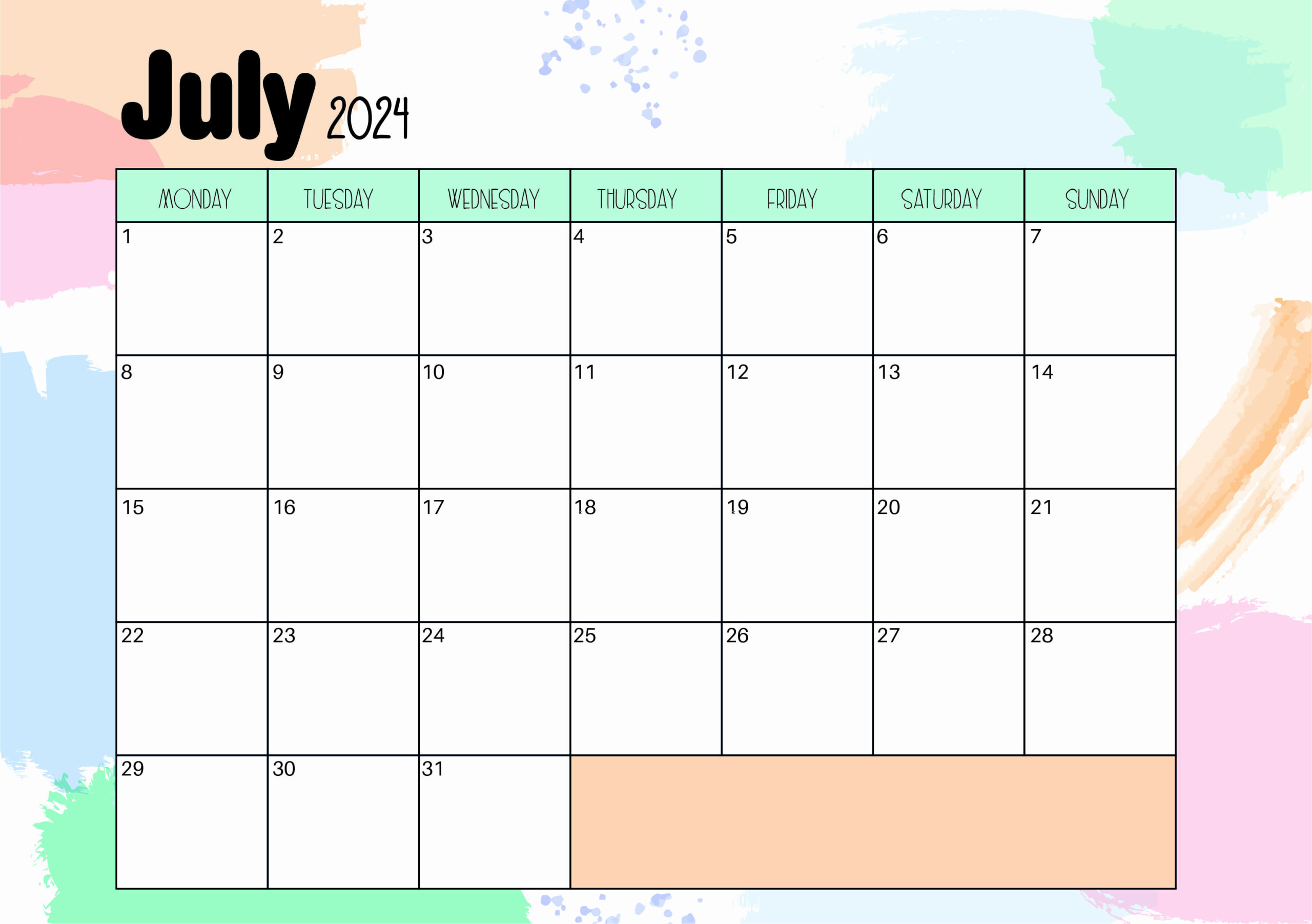 July 2024 Calendar for Printing in PDF