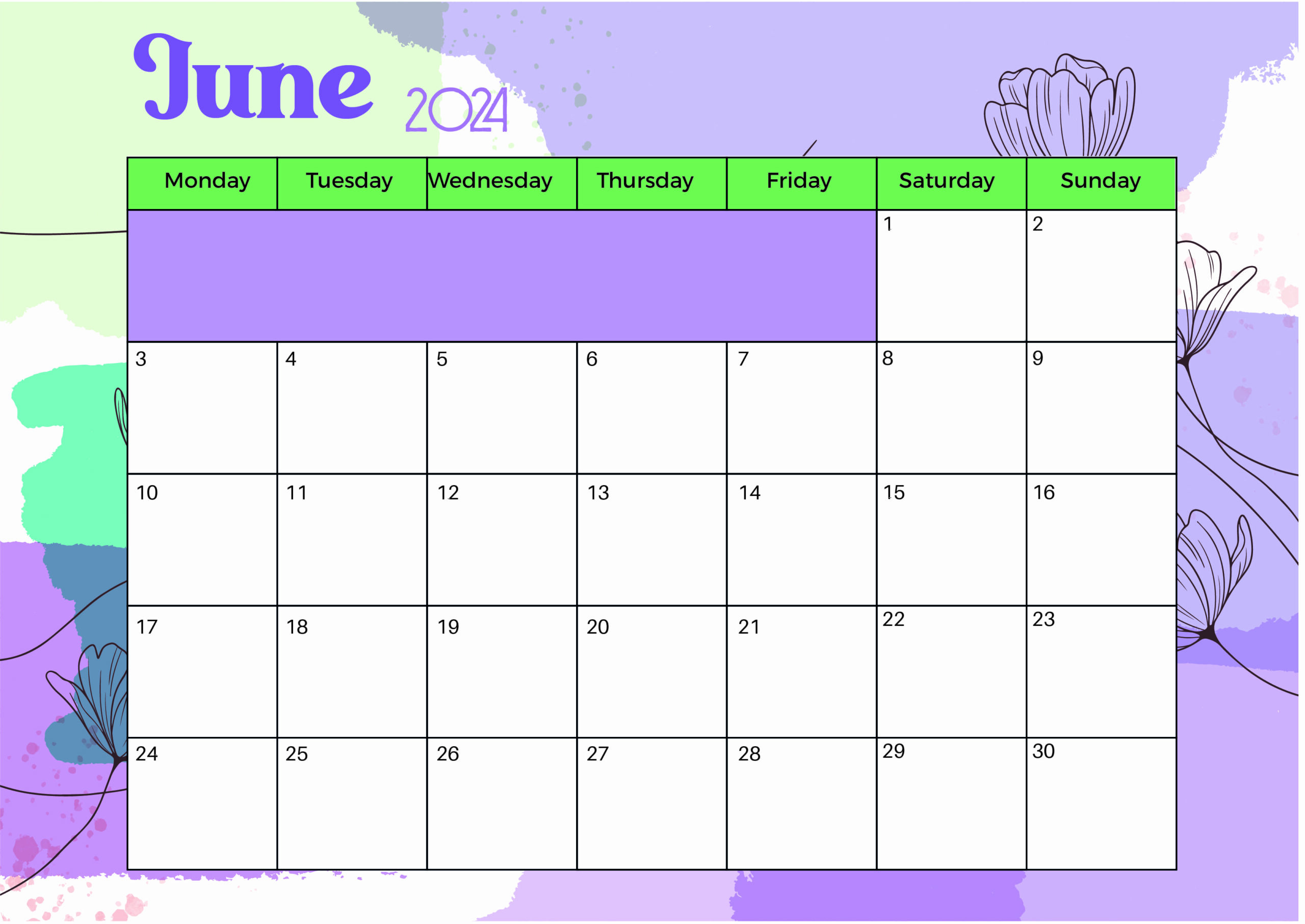 June 2024 Calendar for Printing in pdf