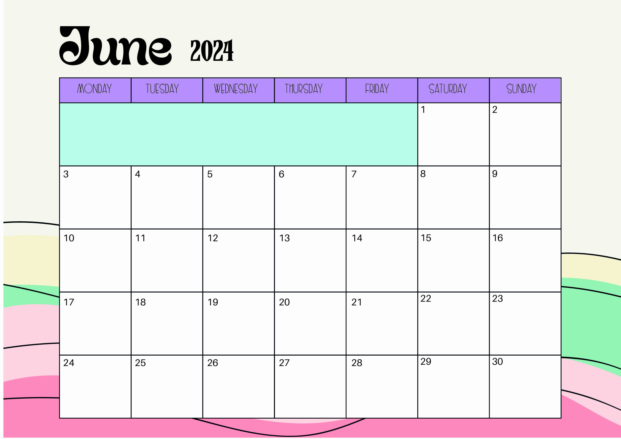 June 2024 Calendar for Printing in pdf