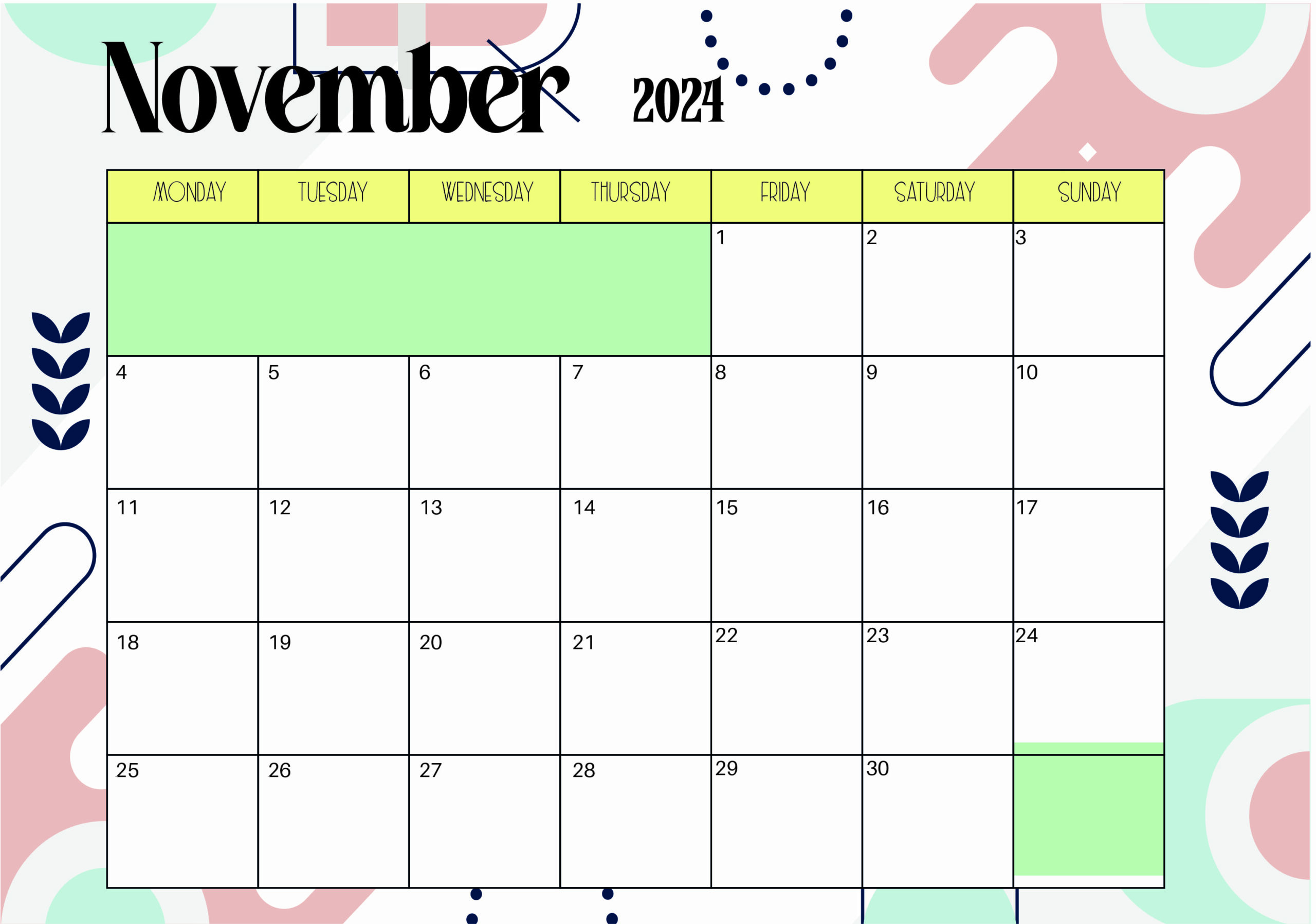 November 2024 Calendar for Printing