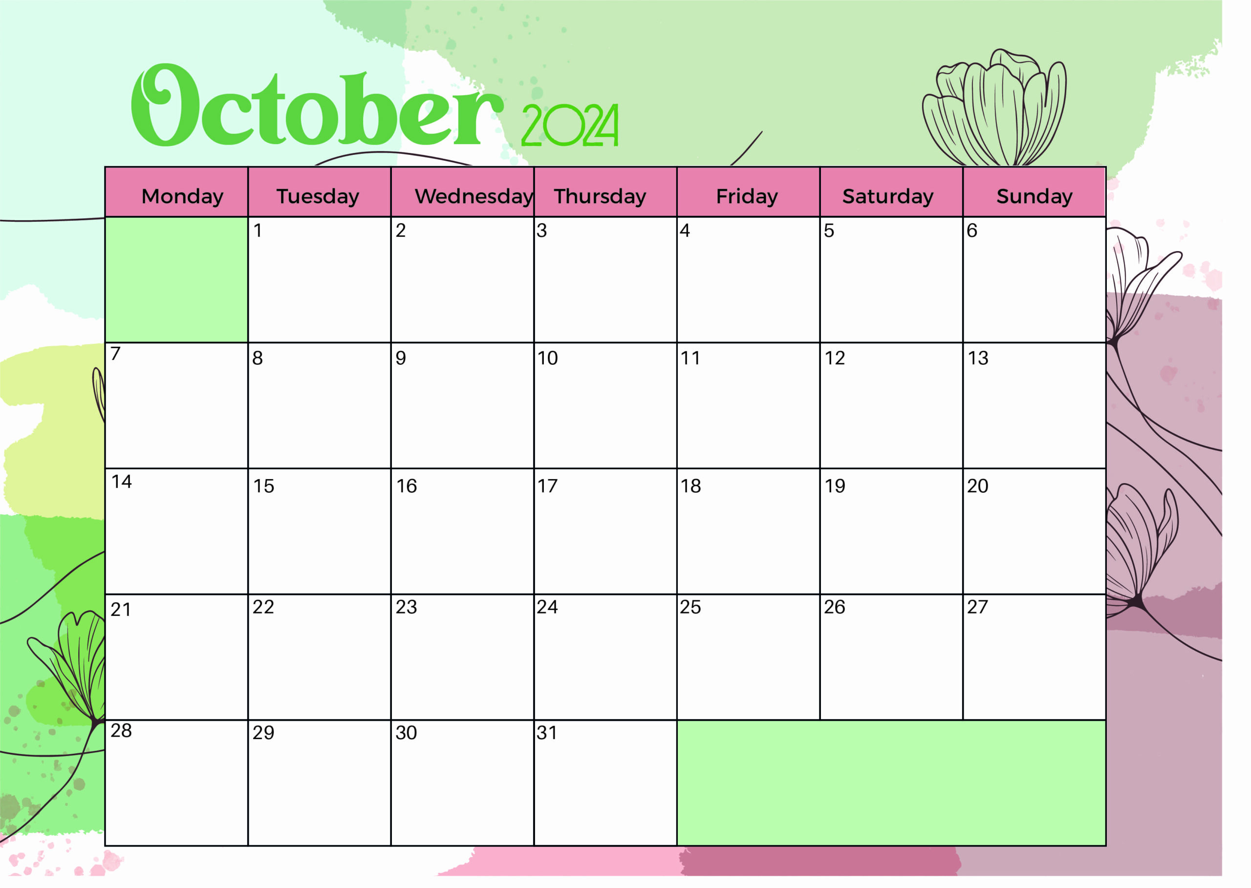 October 2024 Calendar for Printing