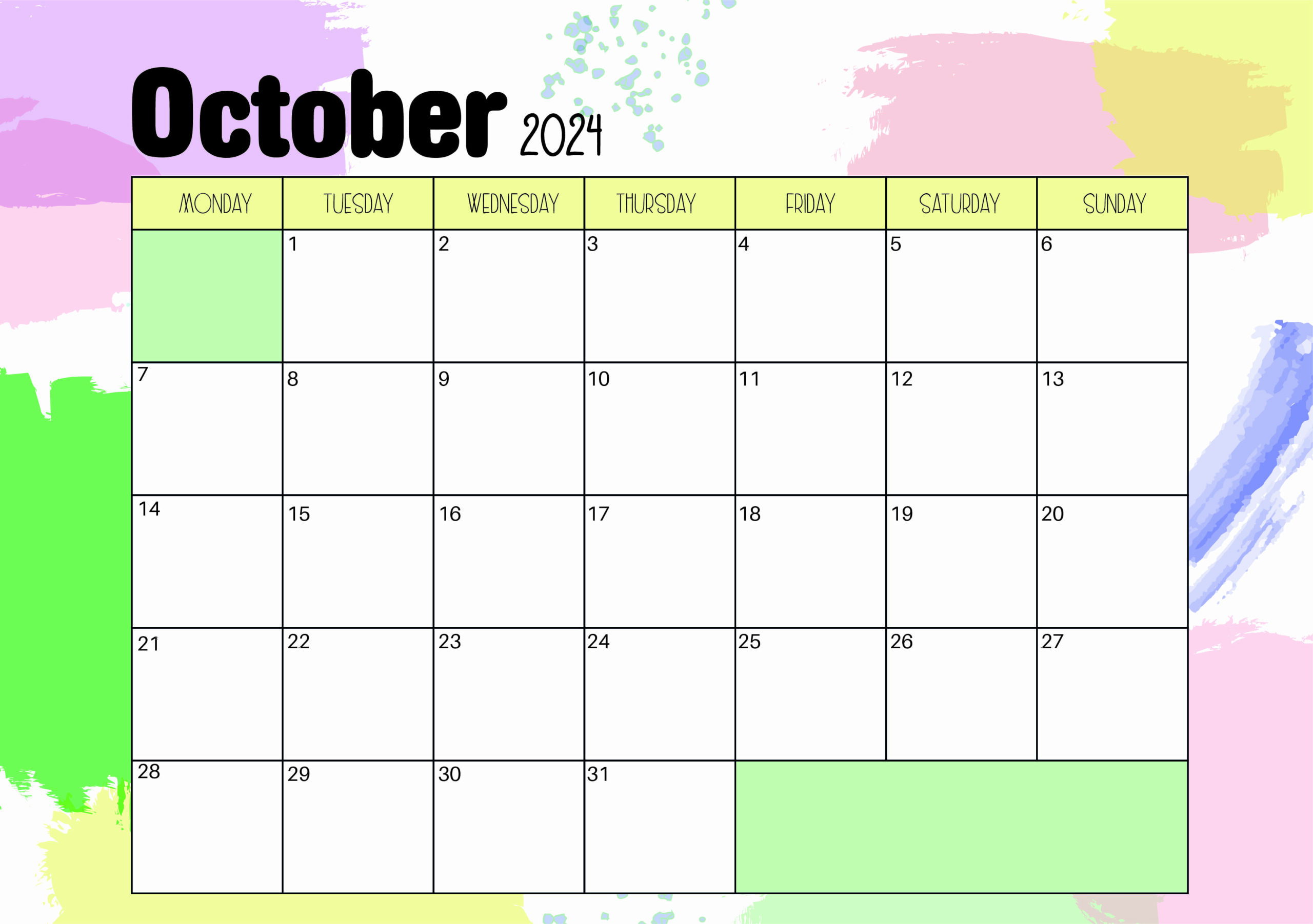 October 2024 Calendar for Printing in PDF