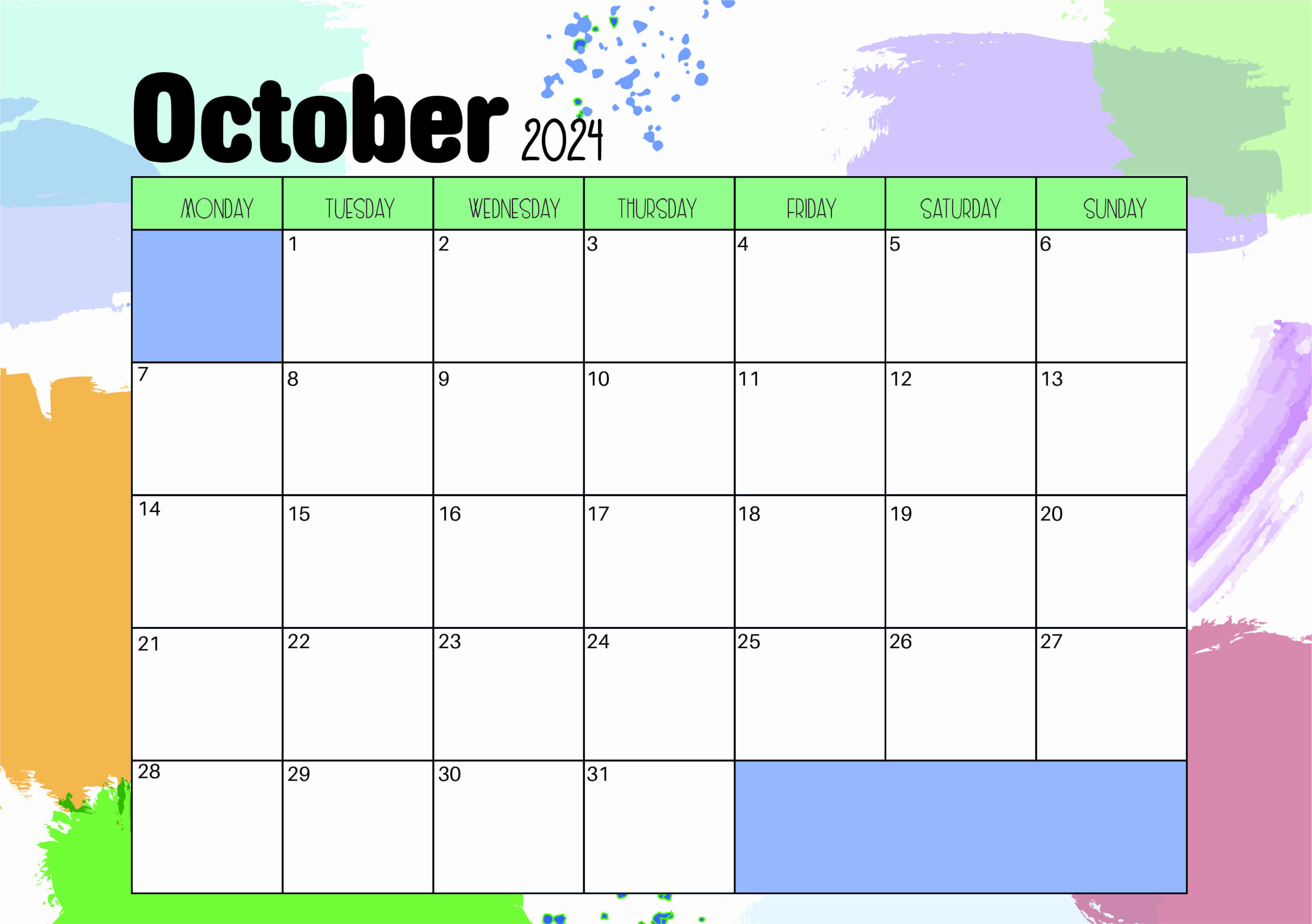 October 2024 Calendar for Printing in PDF
