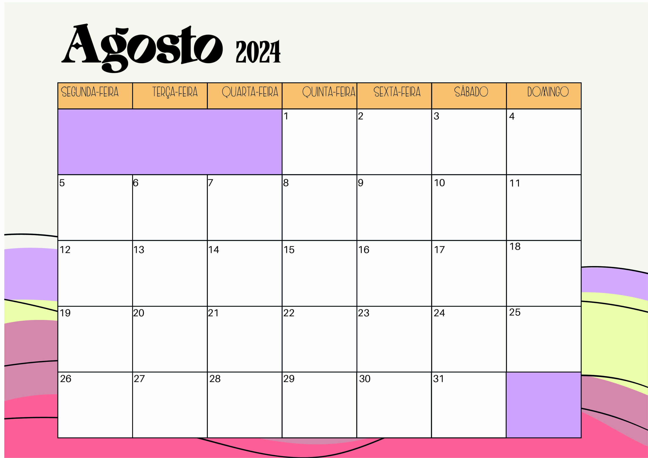Calendário Agosto 2024 para imprimir