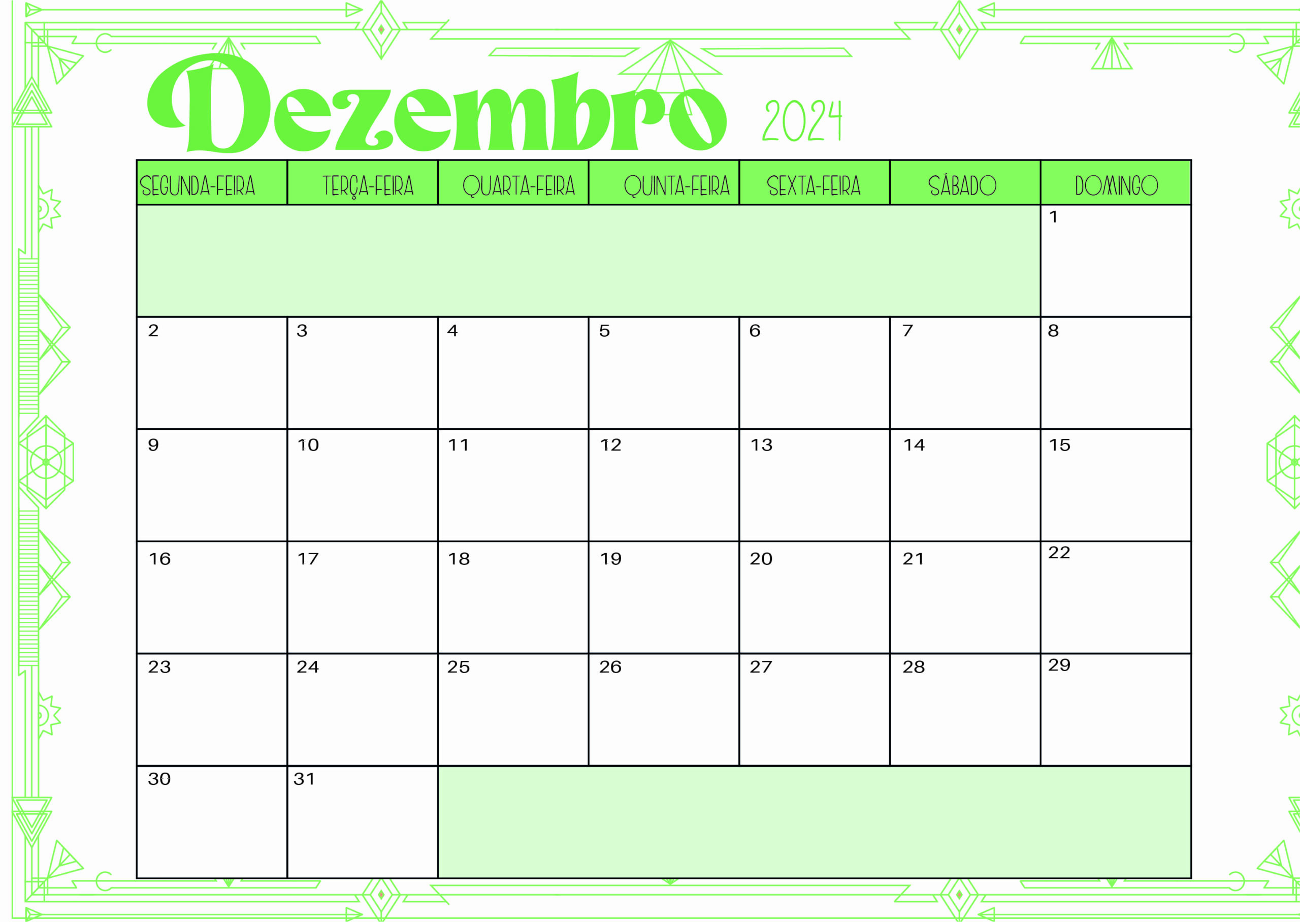 Calendário Dezembro 2024 para imprimir em PDF