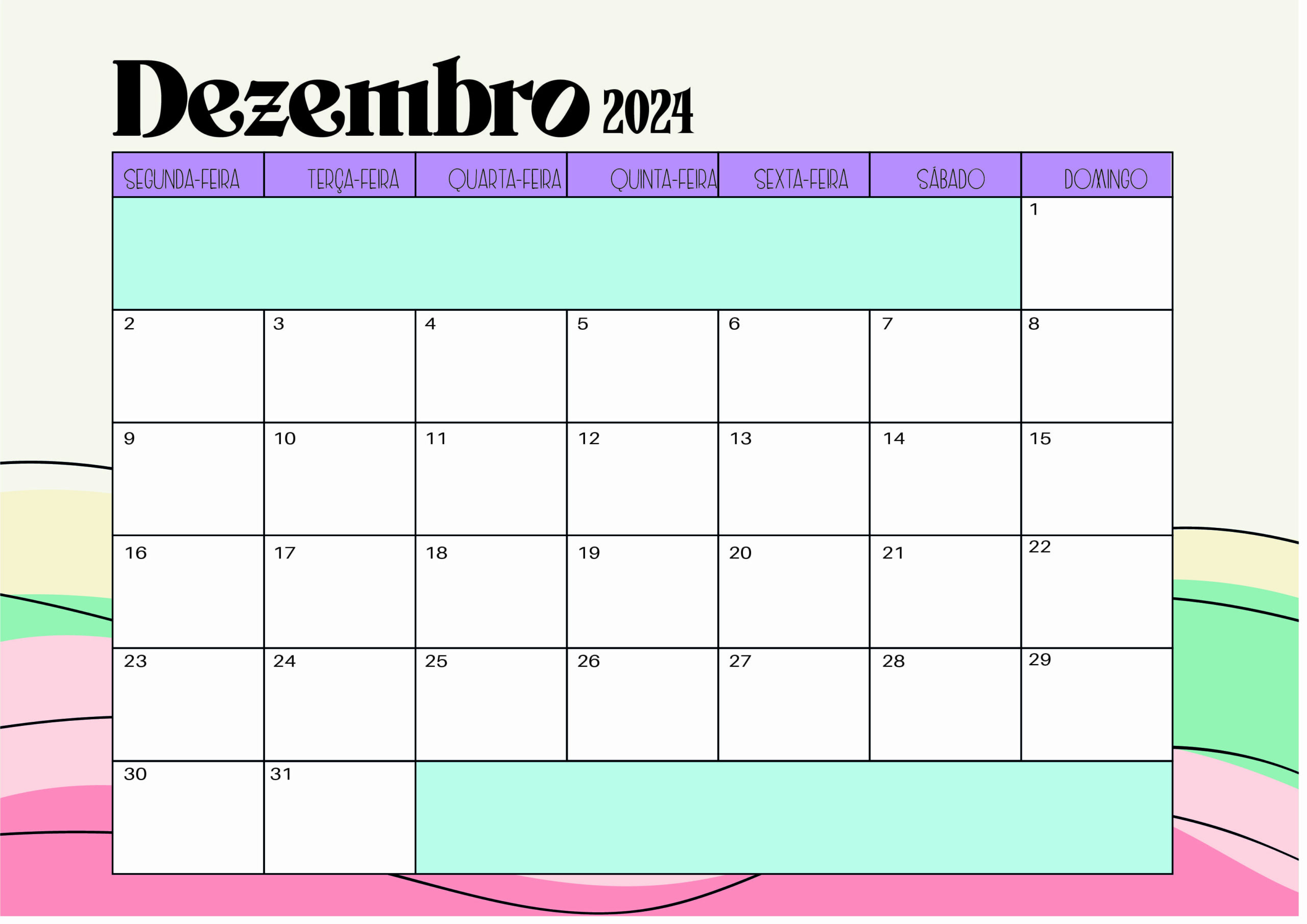 Calendário Dezembro 2024 para imprimir