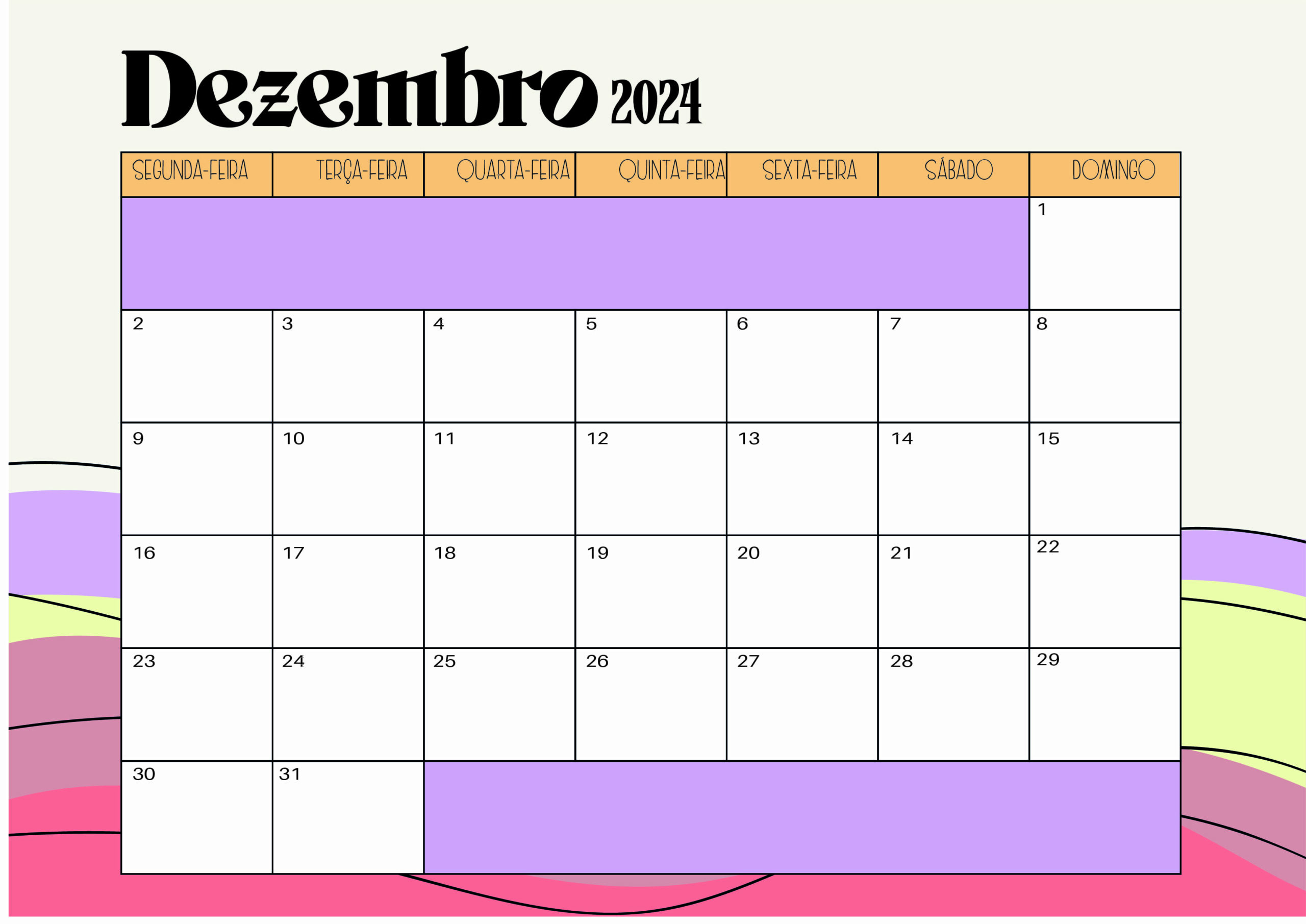 Calendário Dezembro 2024 para imprimir