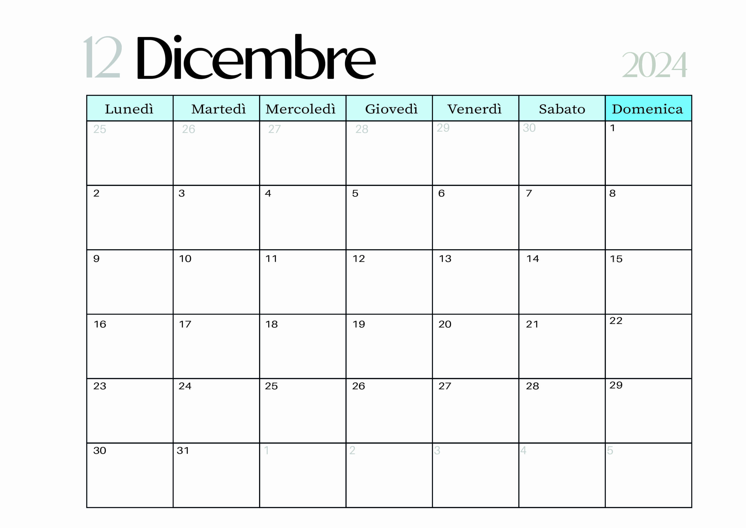Calendario Dicembre 2024 da stampare in PDF