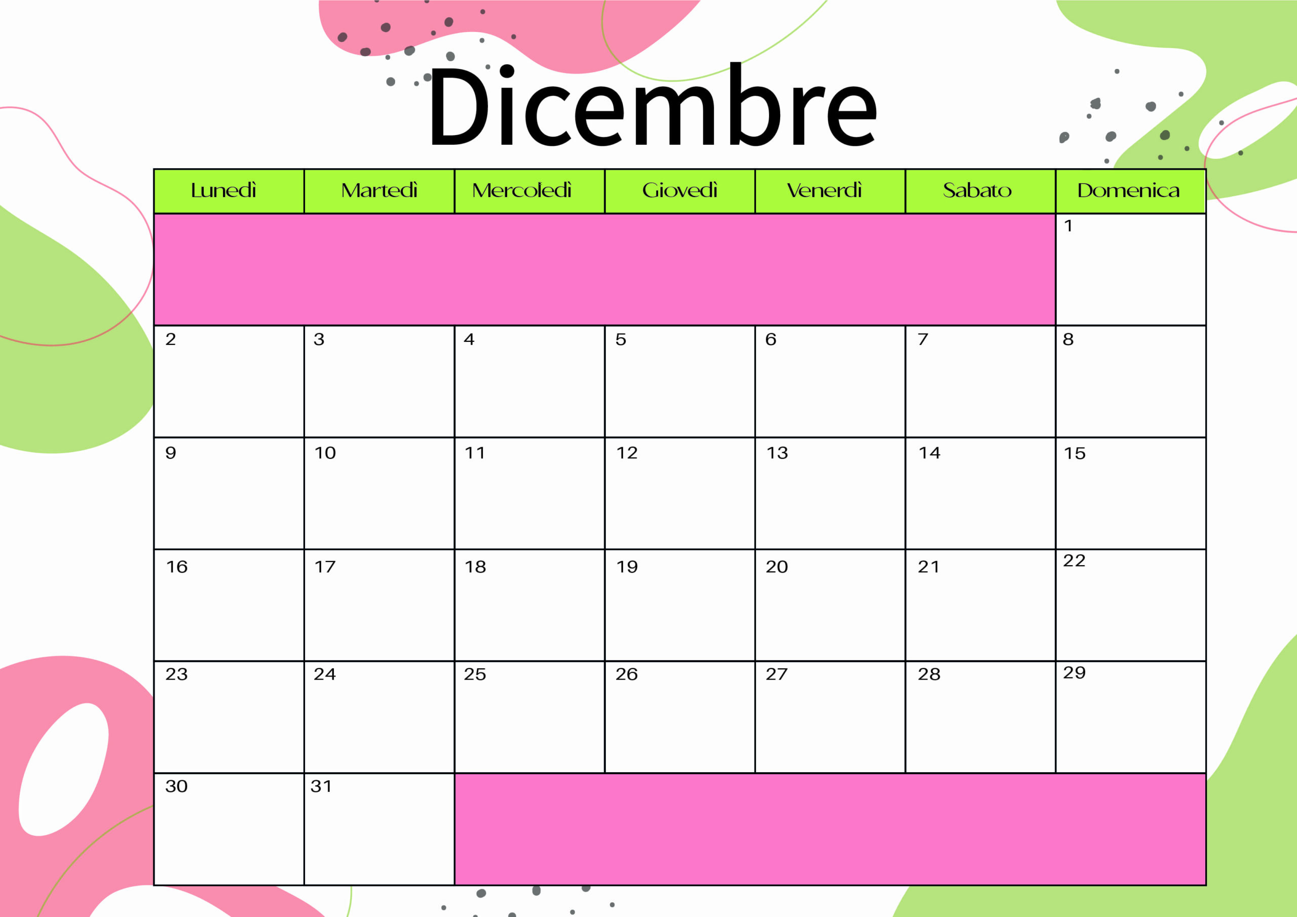 Calendario Dicembre 2024 da stampare in PDF