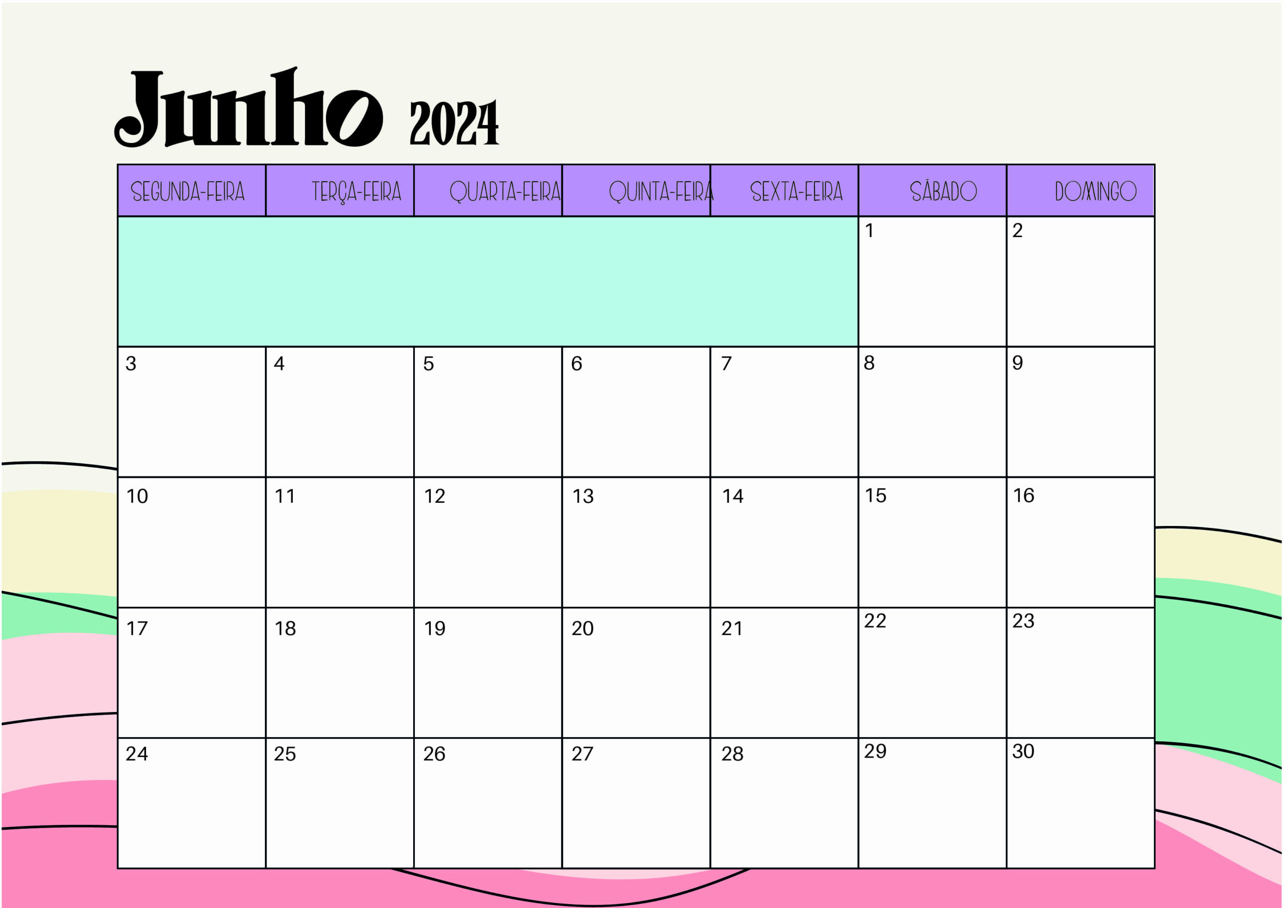 Calendário Junho 2024 para imprimir