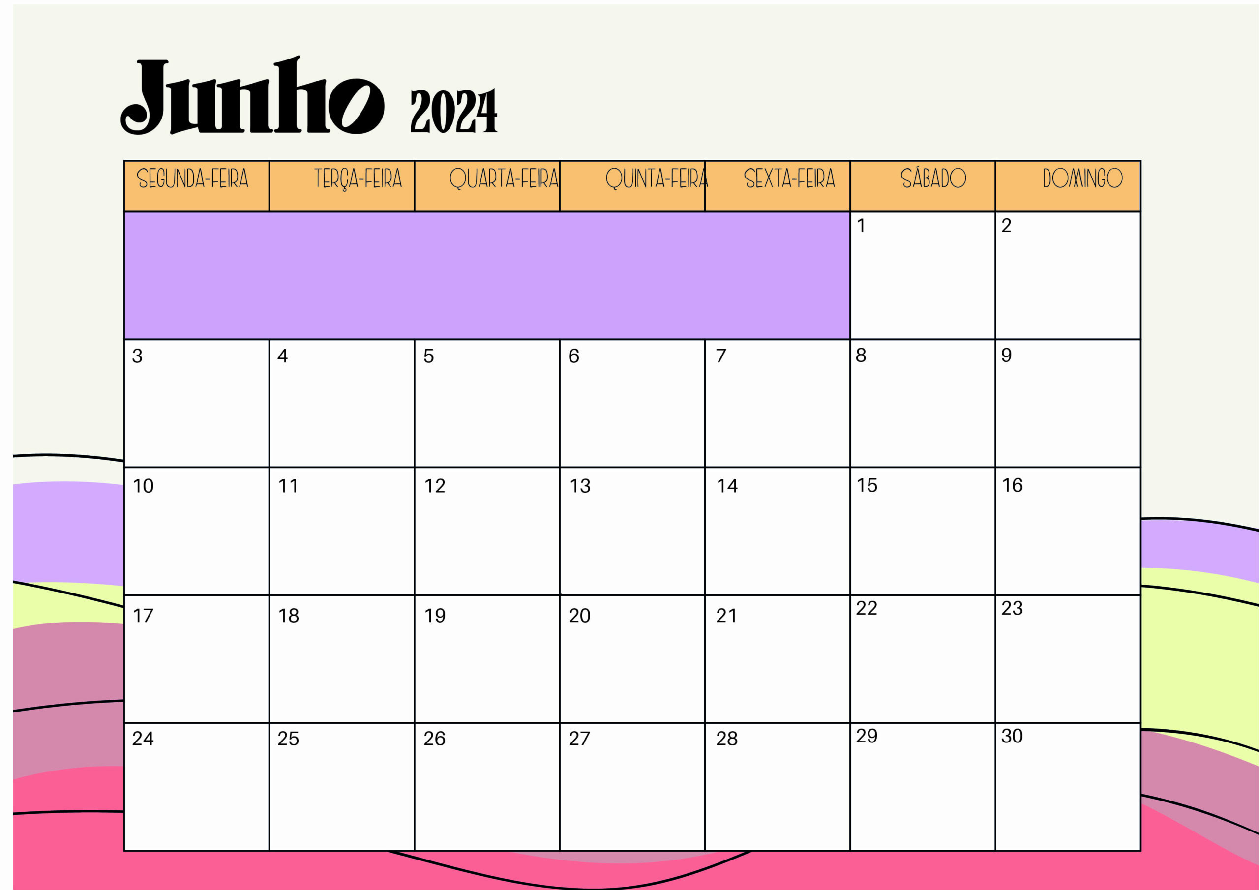 Calendário Junho 2024 para imprimir