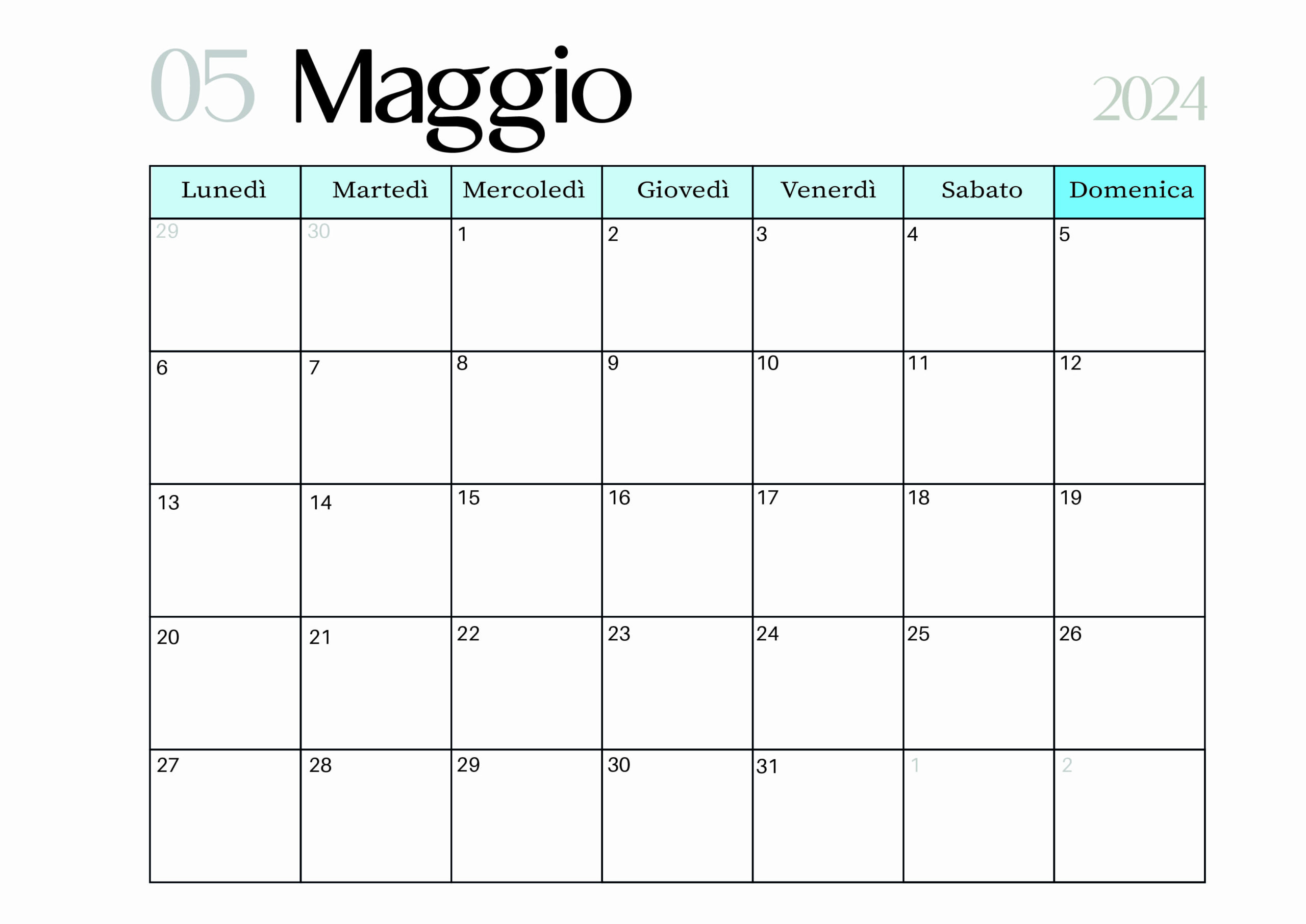 Calendario Maggio 2024 da stampare in PDF