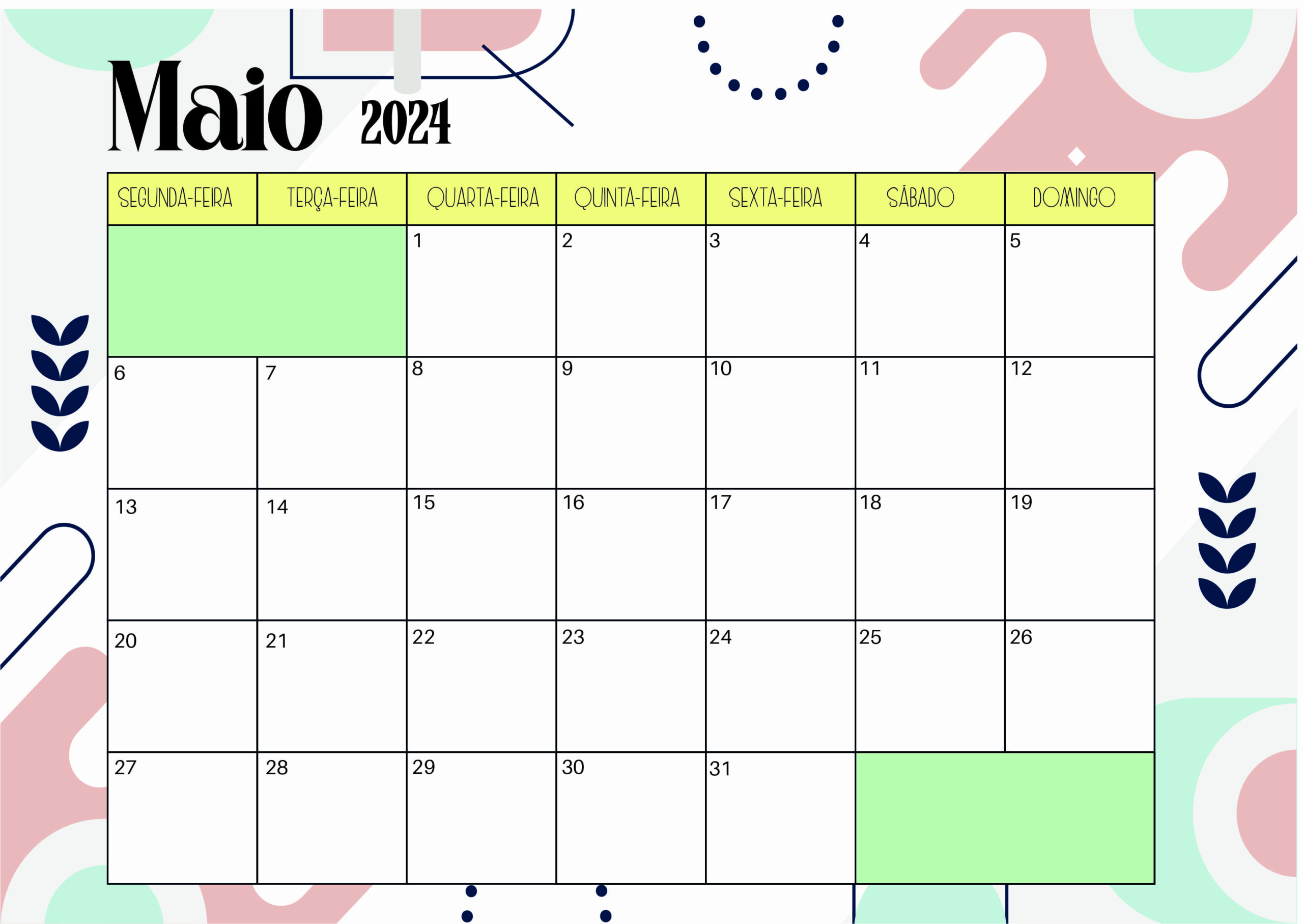 Calendário Maio 2024 para imprimir em PDF
