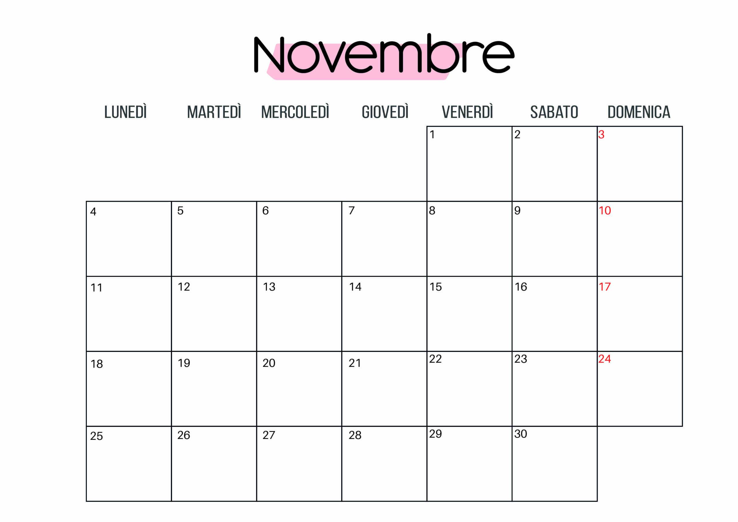 Calendario Novembre 2024 da stampare in PDF