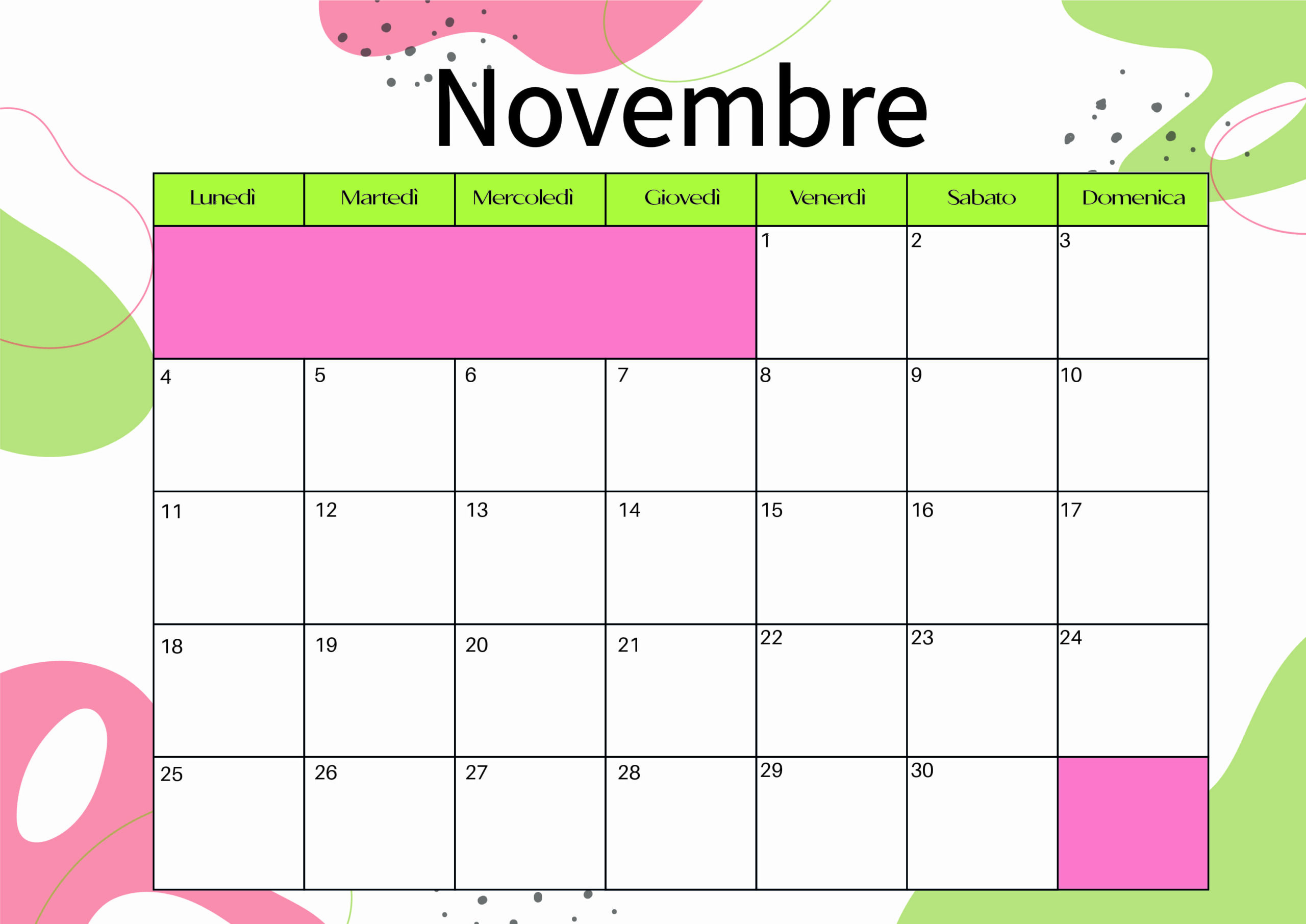 Calendario Novembre 2024 da stampare