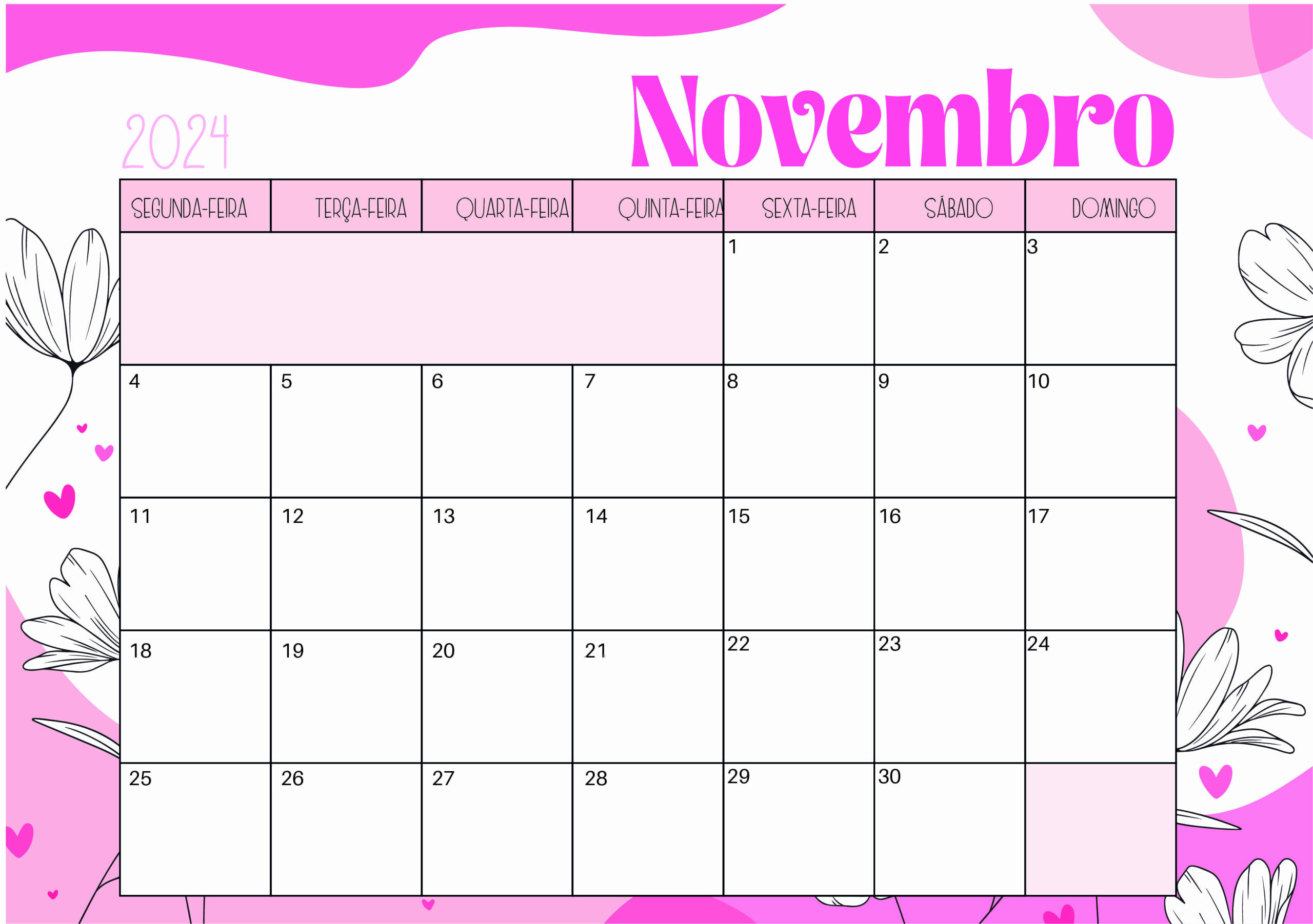 Calendário Novembro 2024 para imprimir