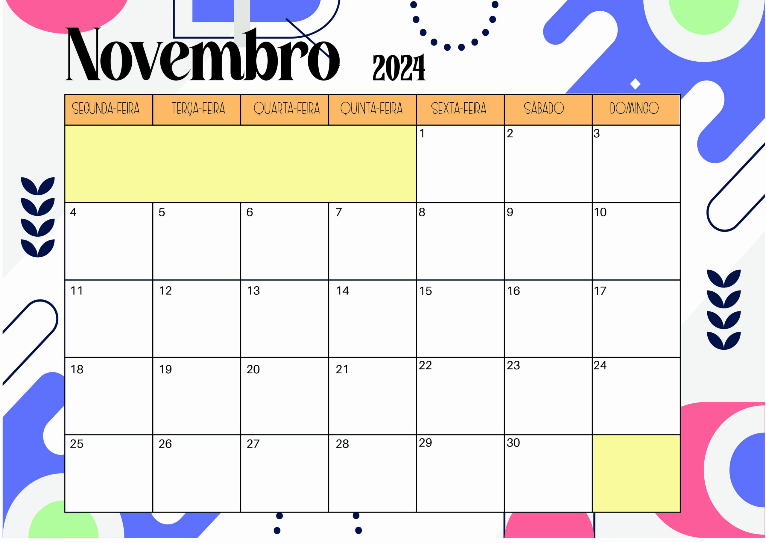 Calendário Novembro 2024 para imprimir em PDF