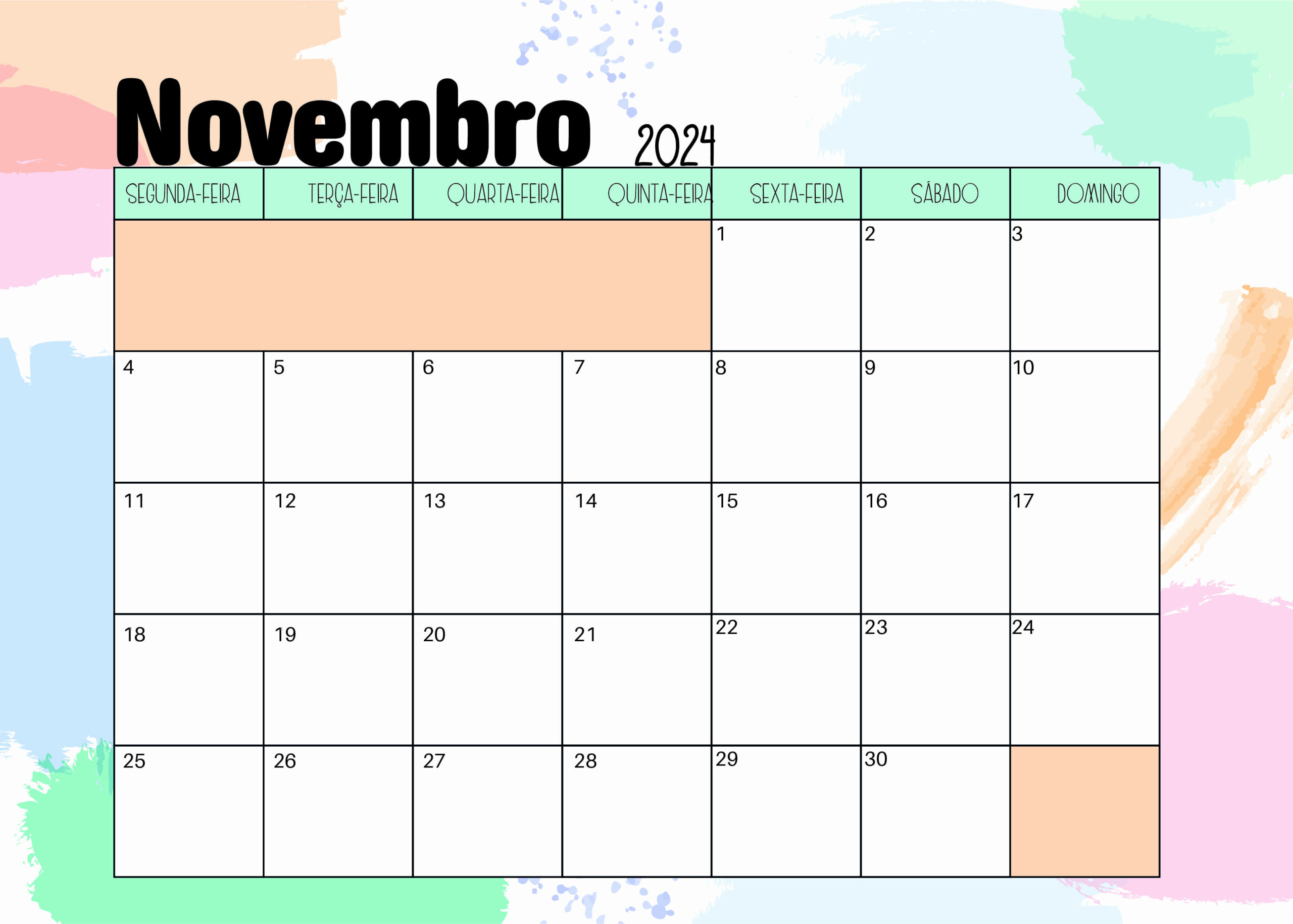 Calendário Novembro 2024 para imprimir em PDF