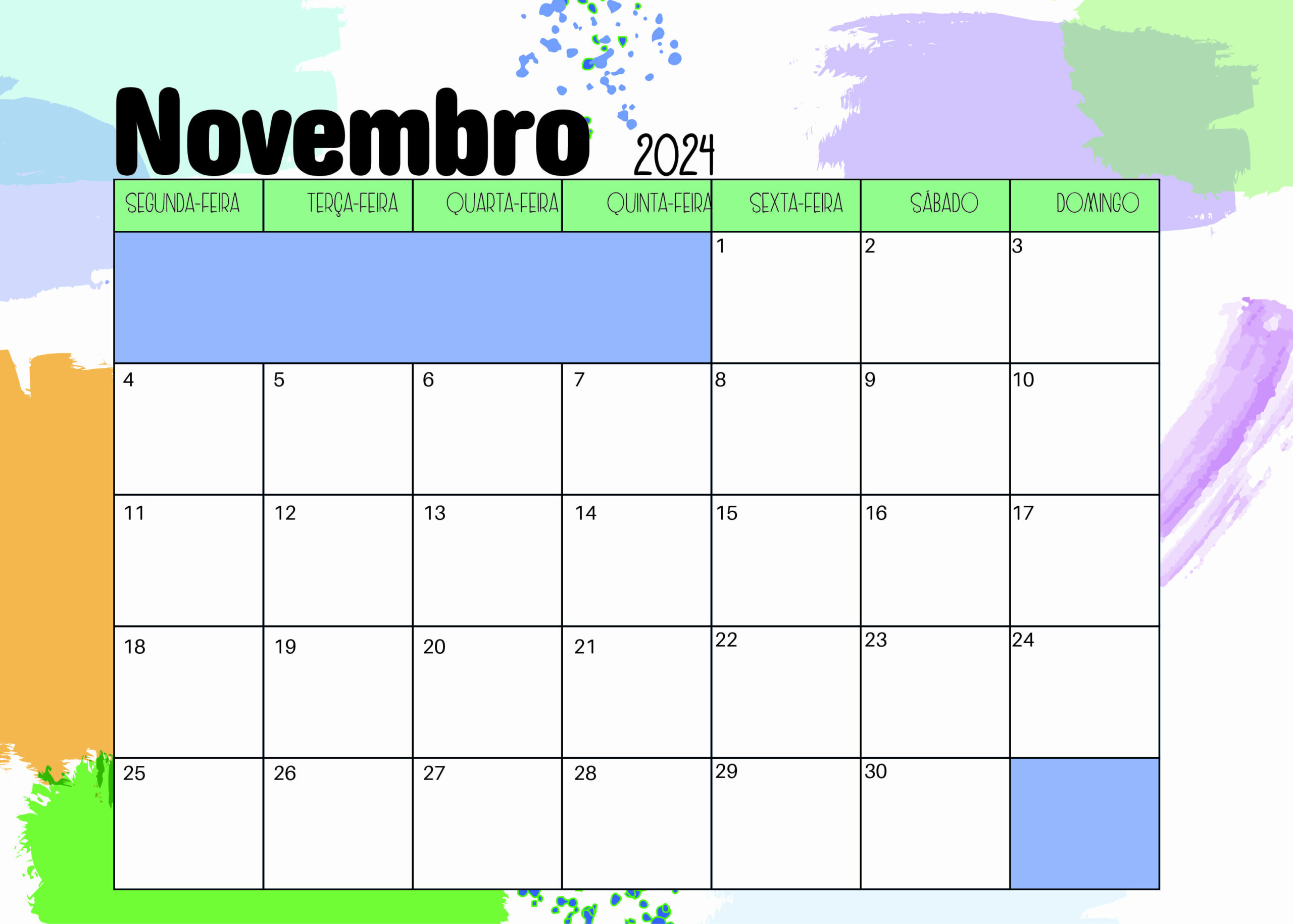 Calendário Novembro 2024 para imprimir