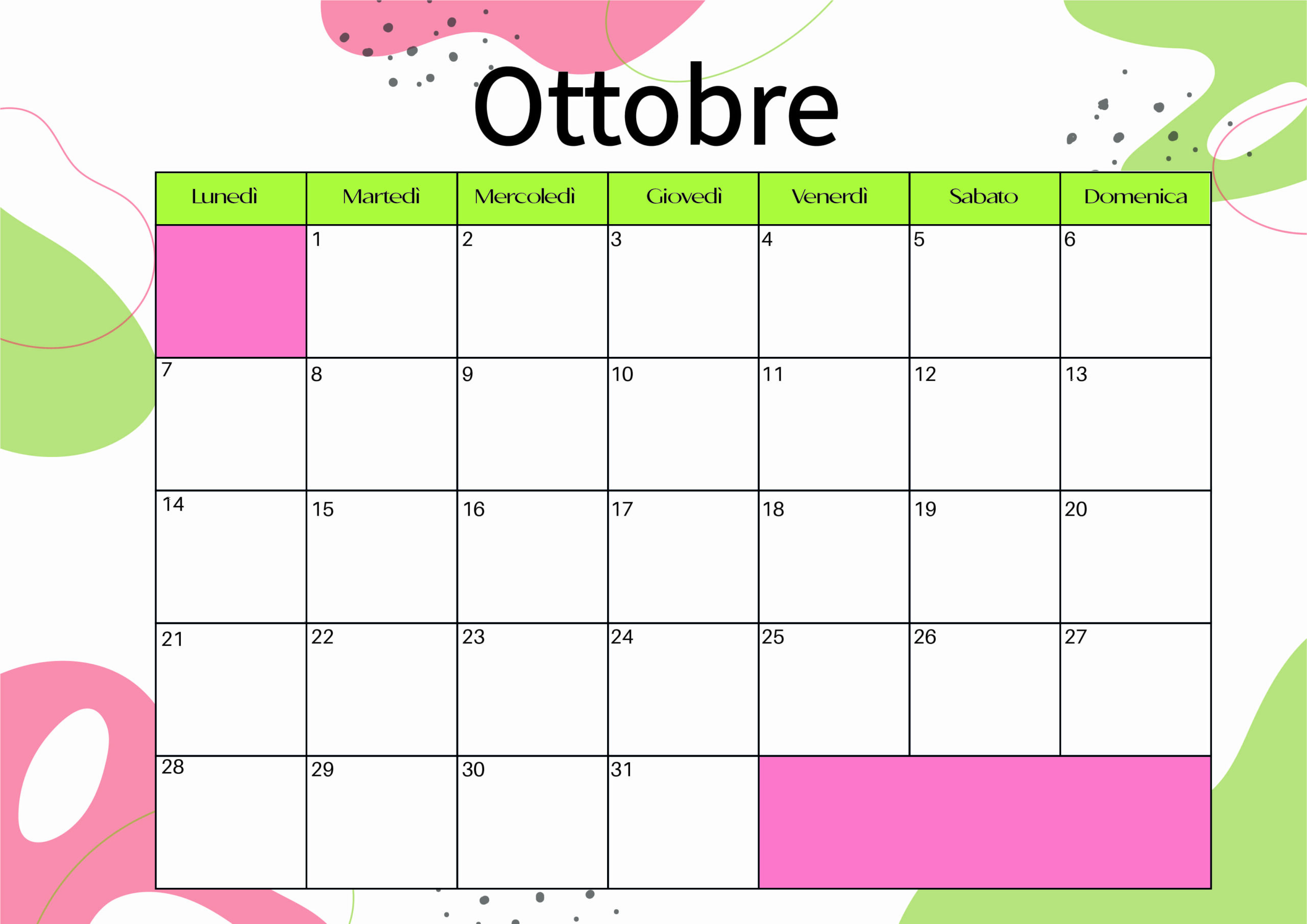 Calendario Ottobre 2024 da stampare in PDF