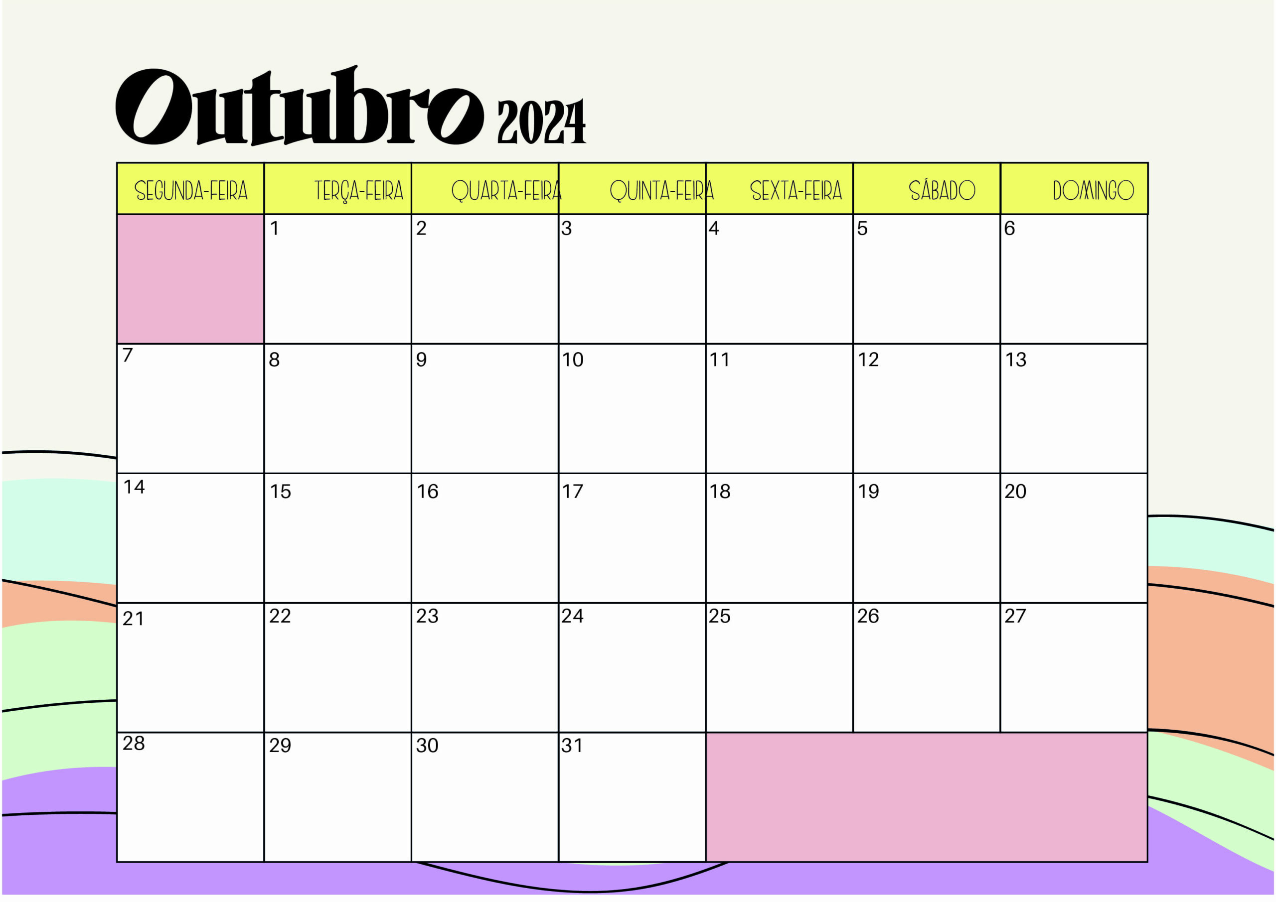 Calendário Outubro 2024 para imprimir