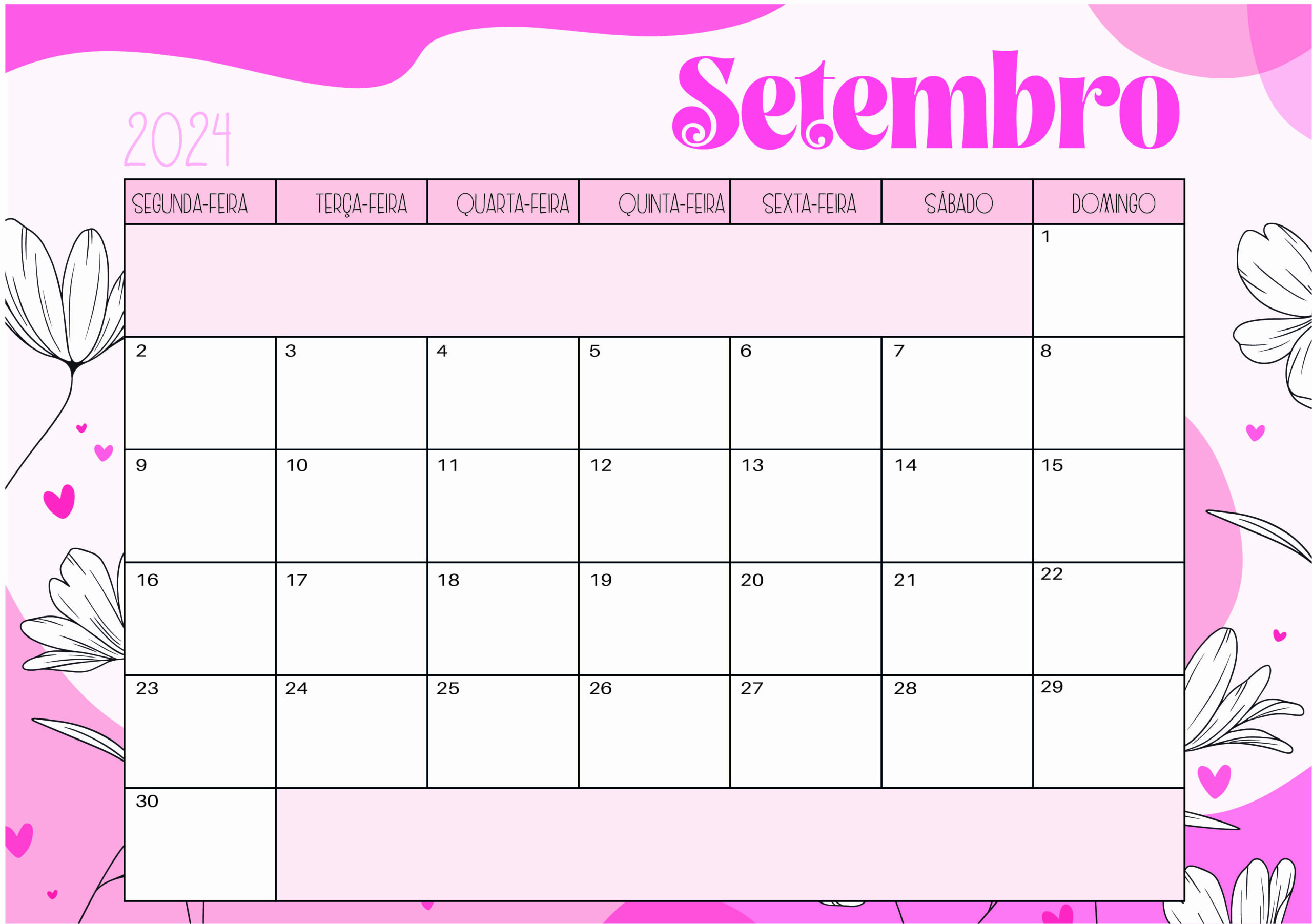 Calendário Setembro 2024 para imprimir