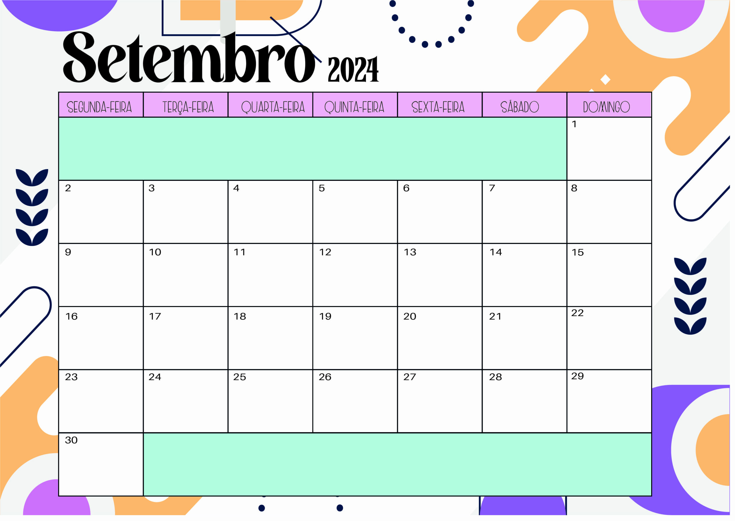 Calendário Setembro 2024 para imprimir em PDF