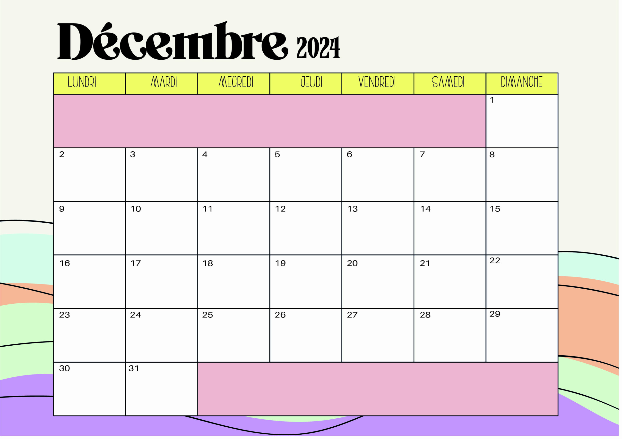 Calendrier Décembre 2024 à imprimer en PDF