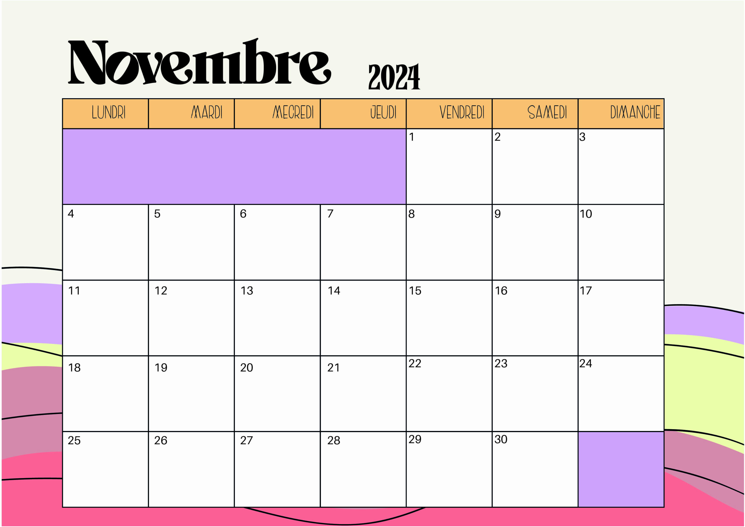 Calendrier Novembre 2024 a Imprimer en PDF