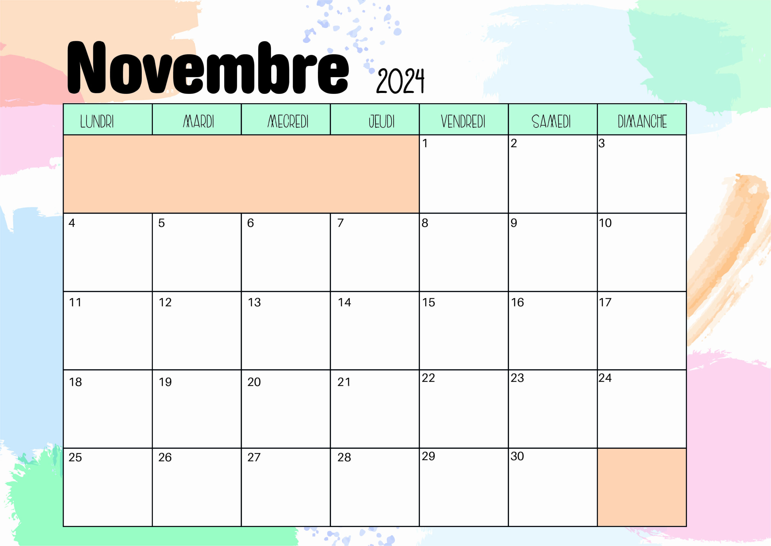 Calendrier Novembre 2024 a Imprimer en PDF