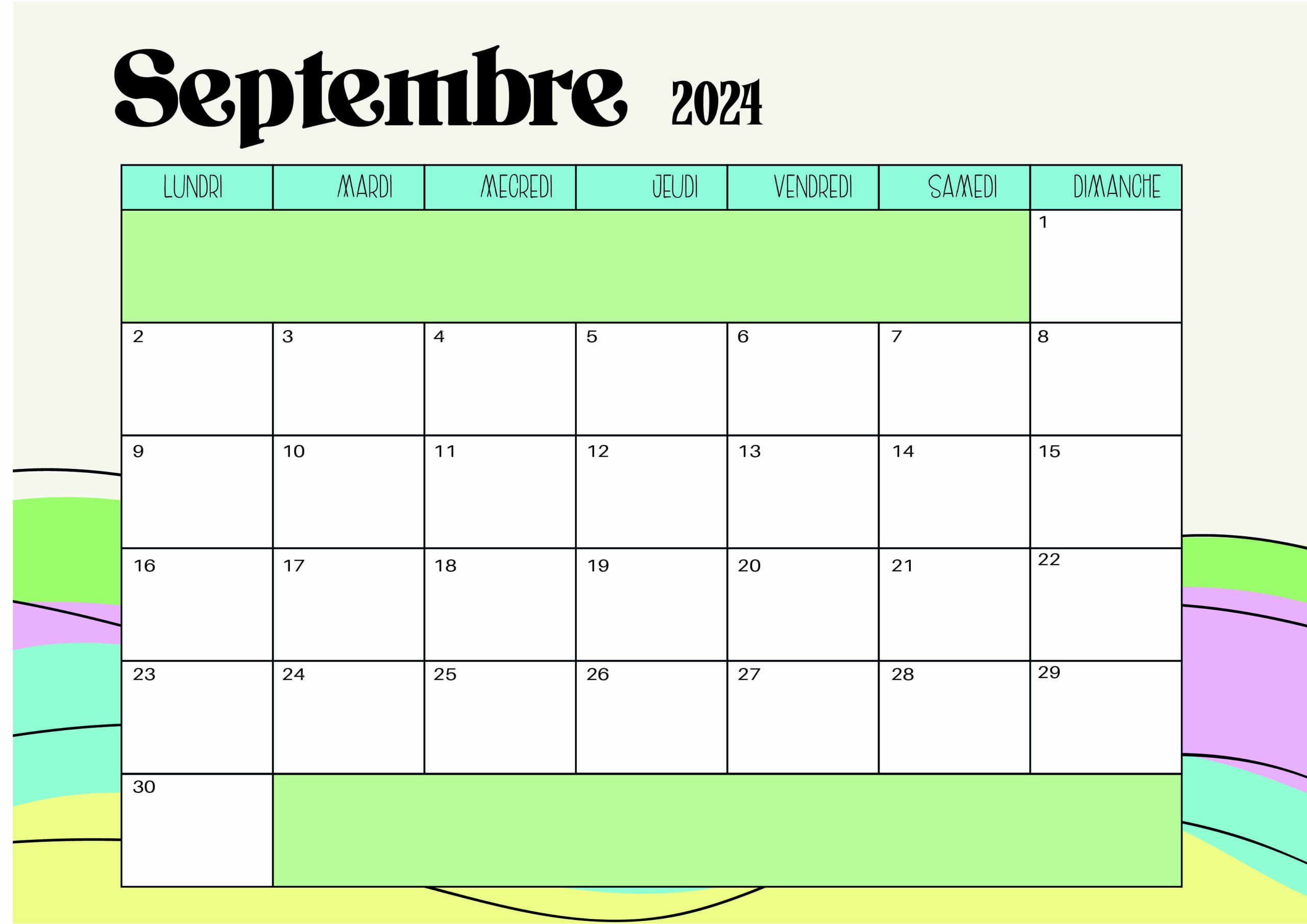 Calendrier Septembre 2024 à imprimer en PDF