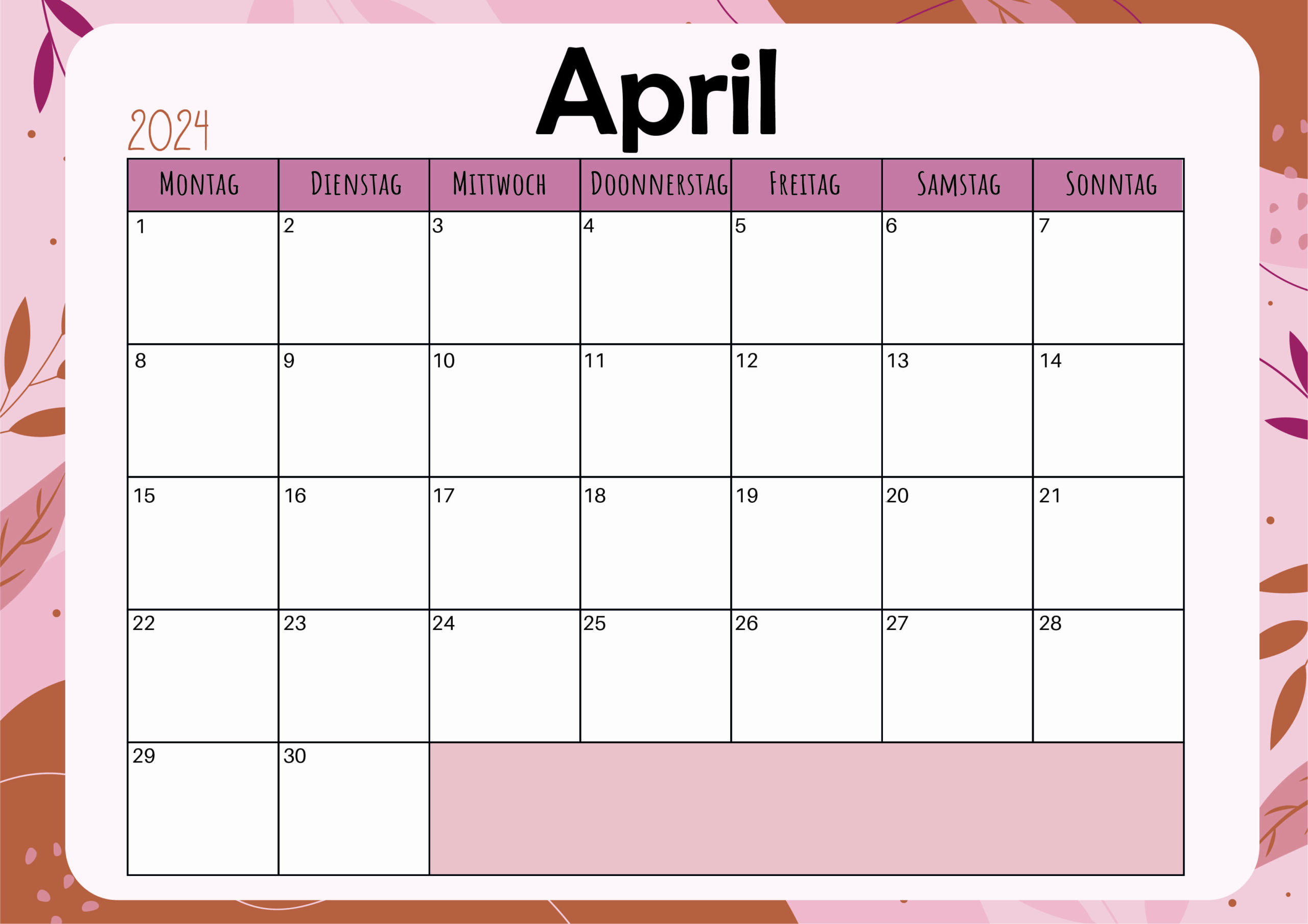 Kalender April 2024 zum Ausdrucken im PDF