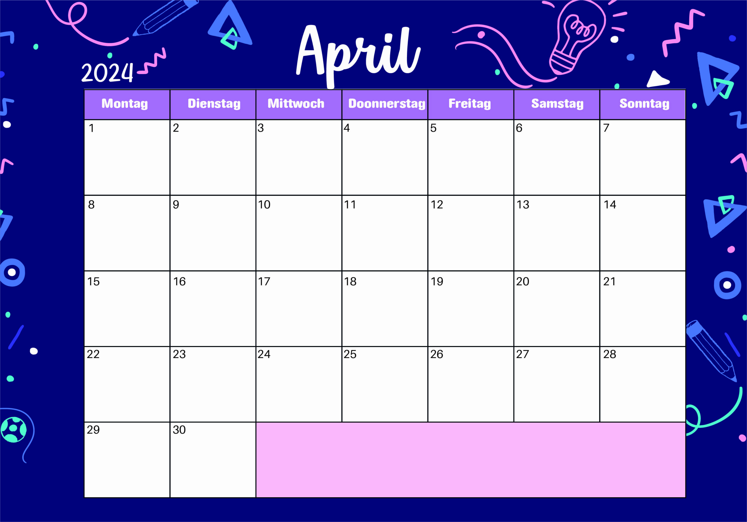 Kalender April 2024 zum Ausdrucken im PDF