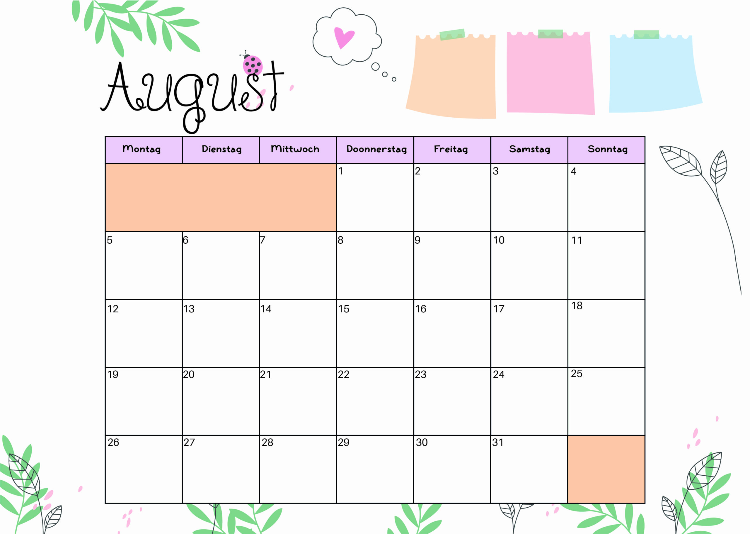 Kalender August 2024 zum Ausdrucken im PDF-Format