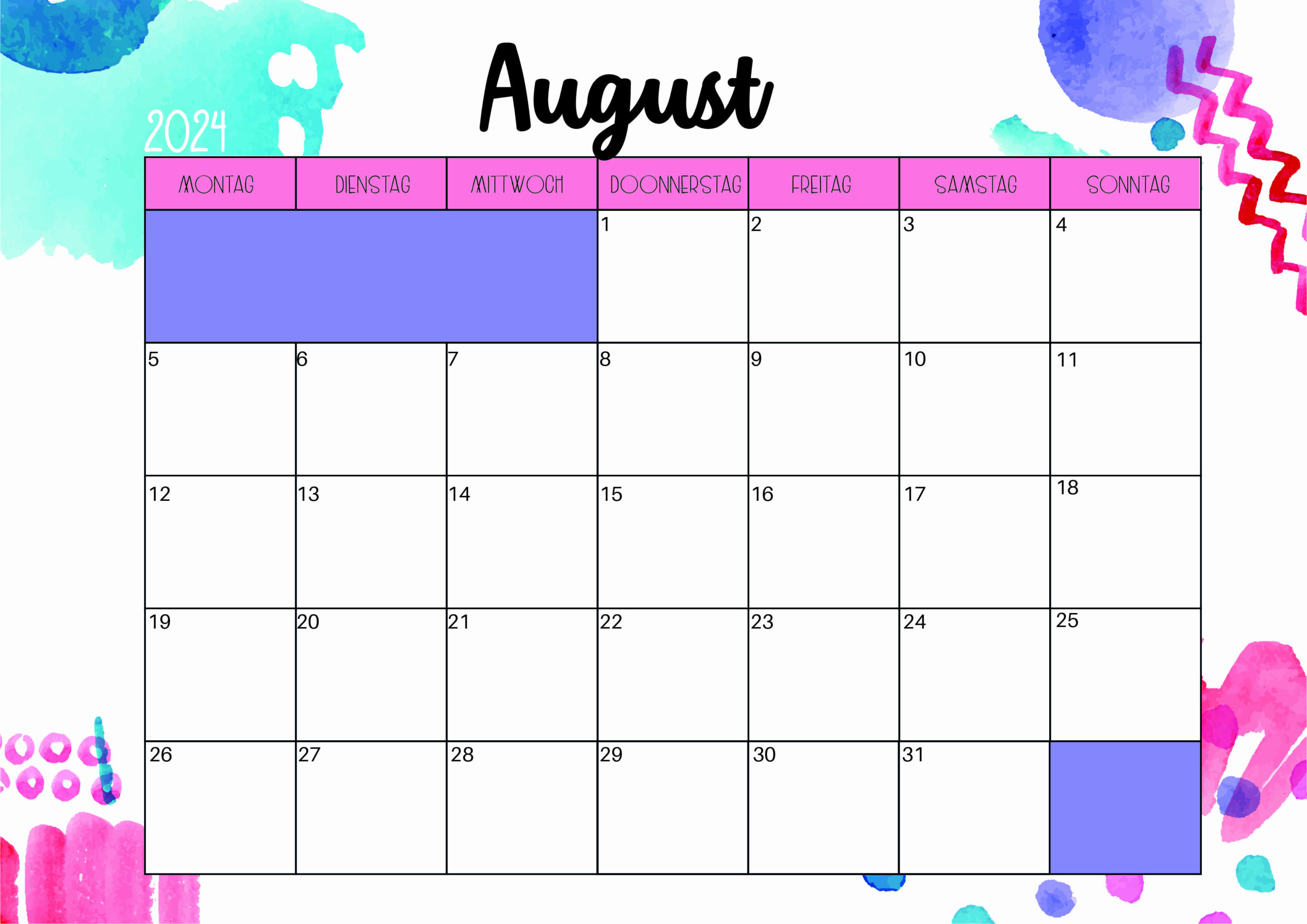 Kalender August 2024 zum Ausdrucken