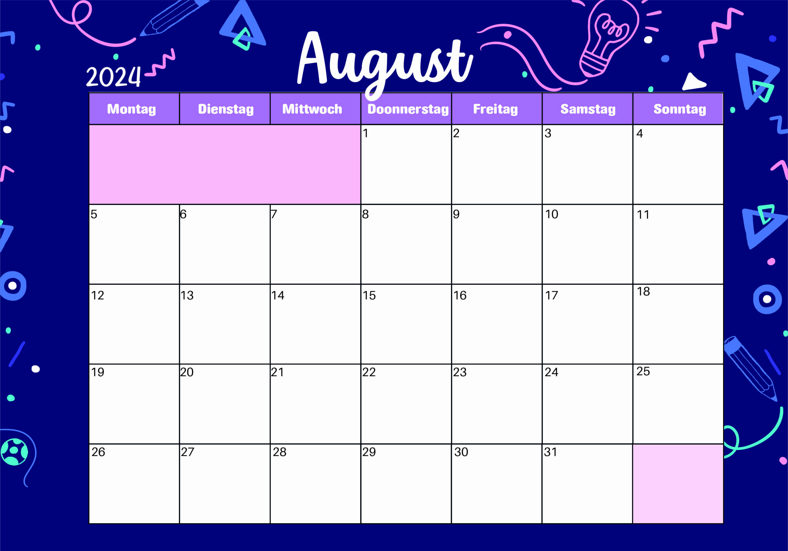 Kalender August 2024 zum Ausdrucken im PDF-Format