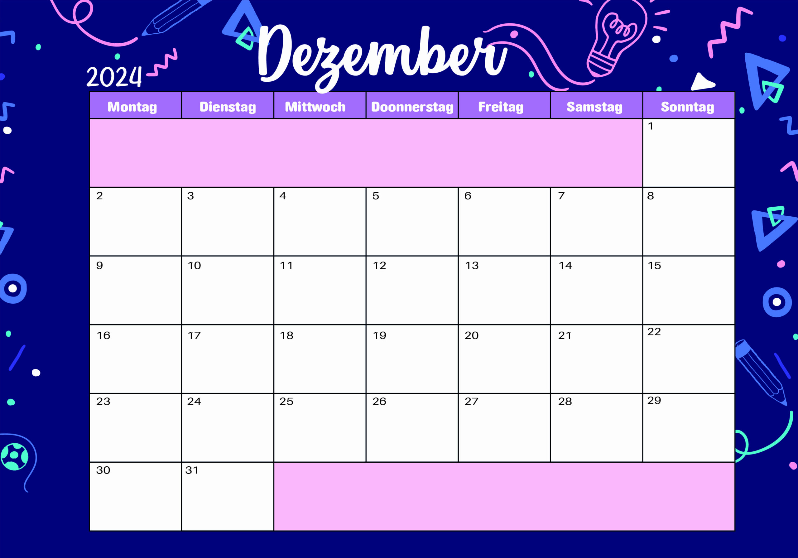 Kalender Dezember 2024 zum Ausdrucken
