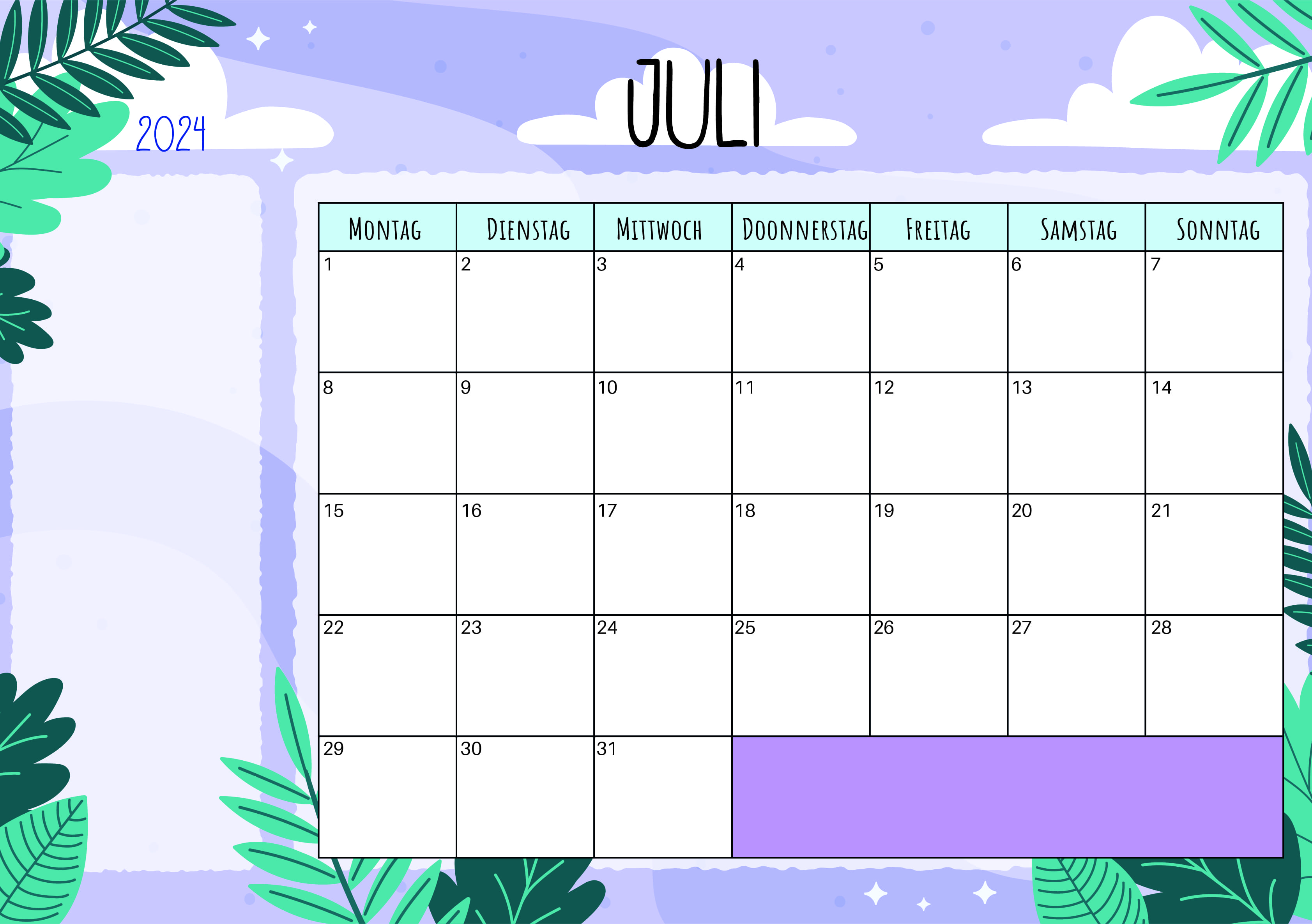 Kalender Juli 2024 zum Ausdrucken im PDF-Format