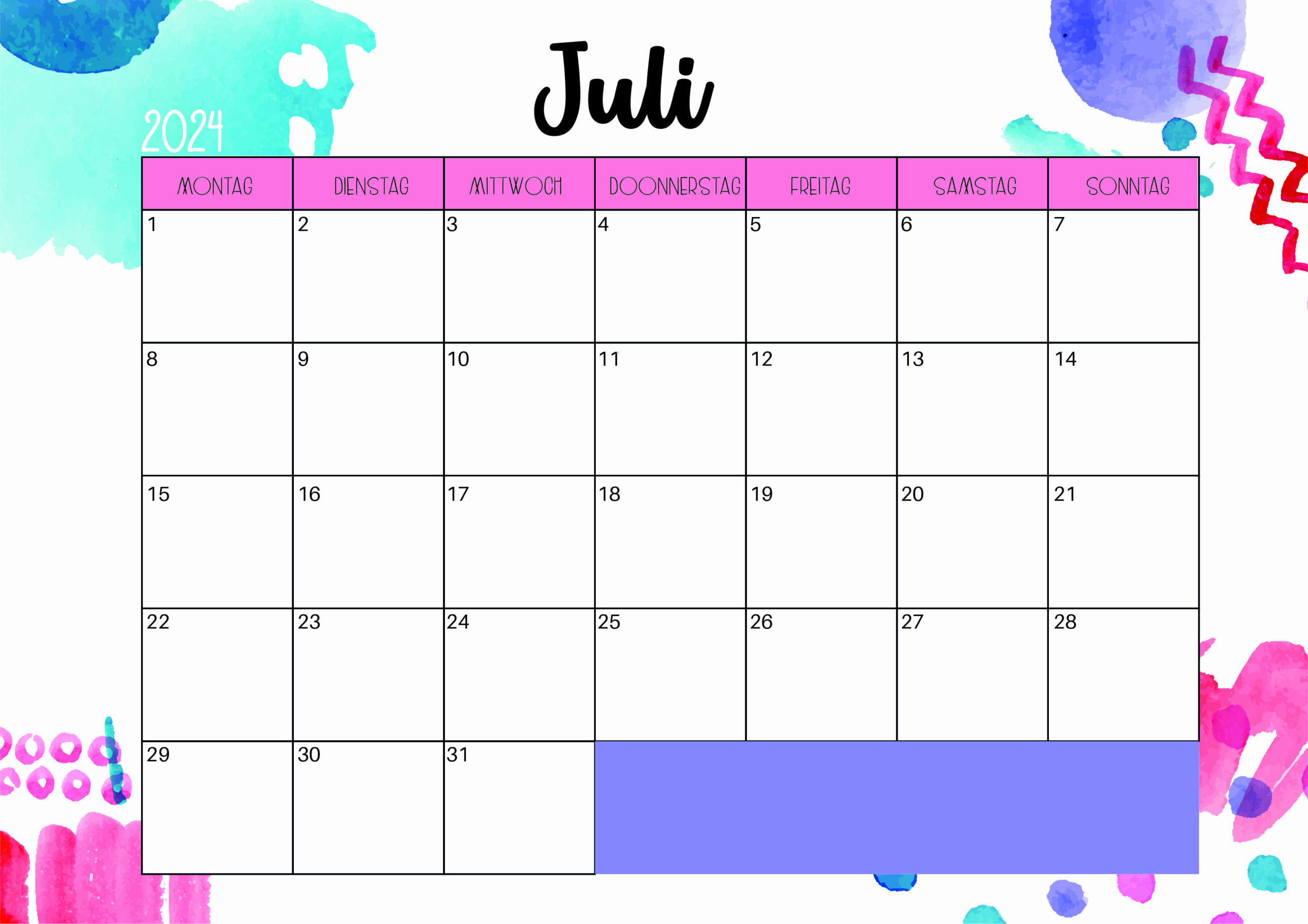Kalender Juli 2024 zum Ausdrucken im PDF-Format