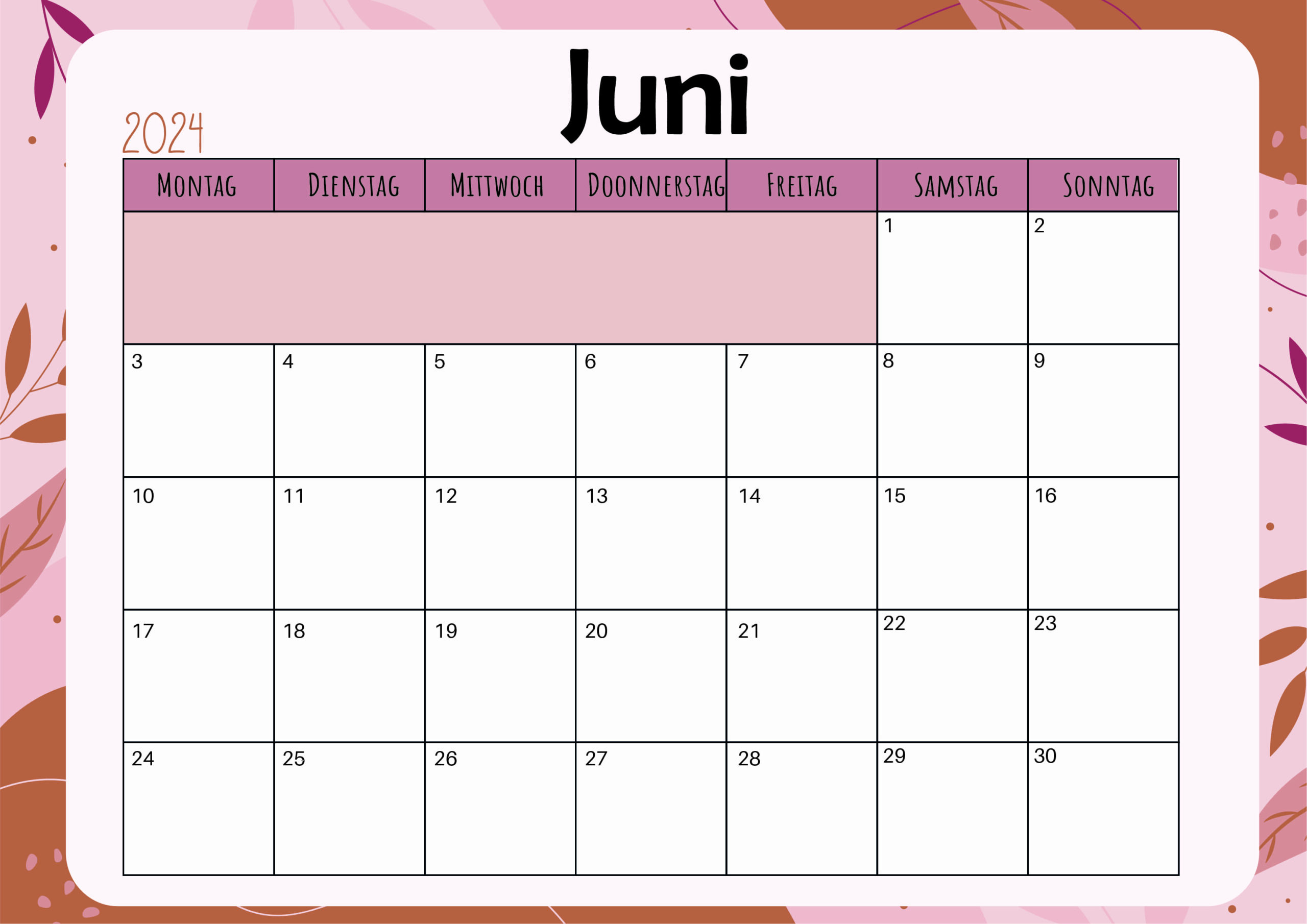Kalender Juni 2024 zum Ausdrucken