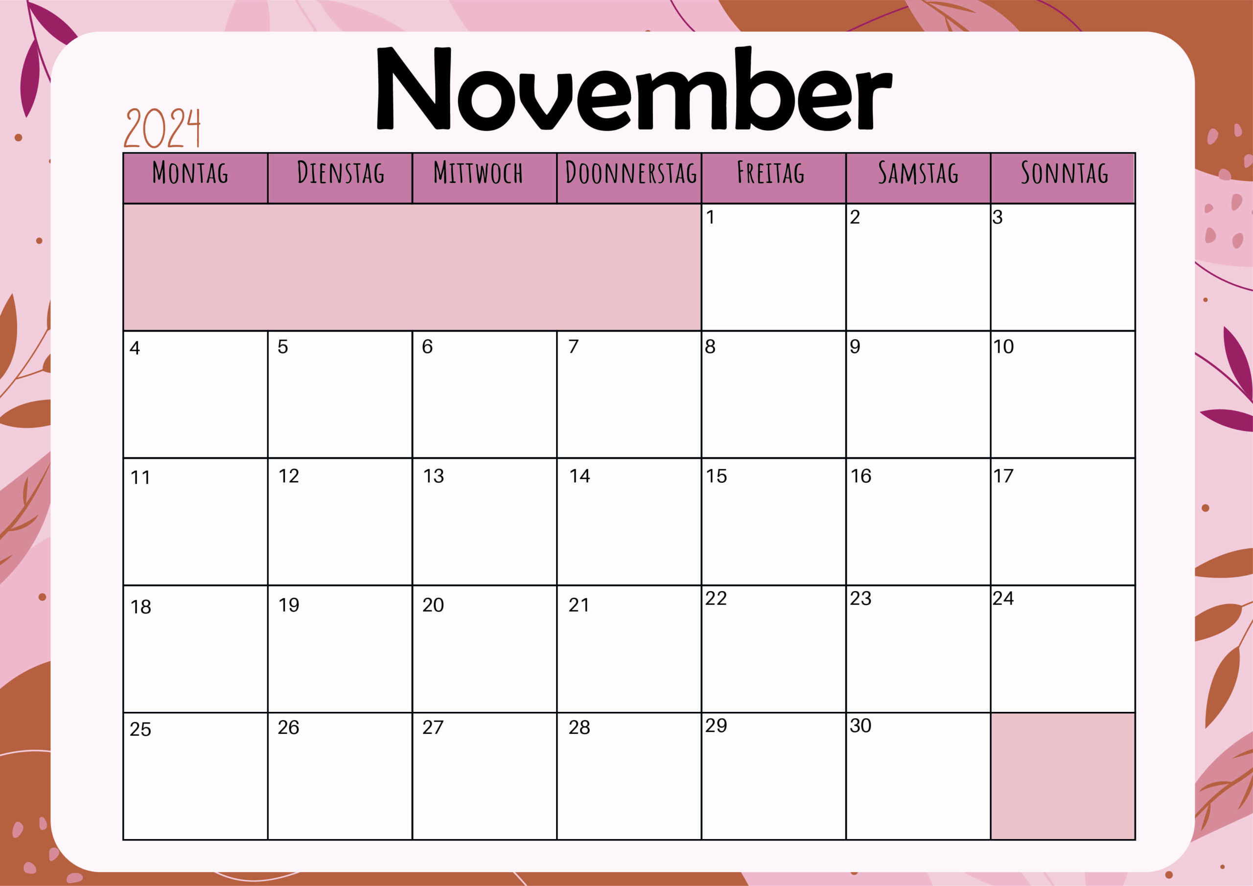 Kalender November 2024 zum Ausdrucken im PDF-Format