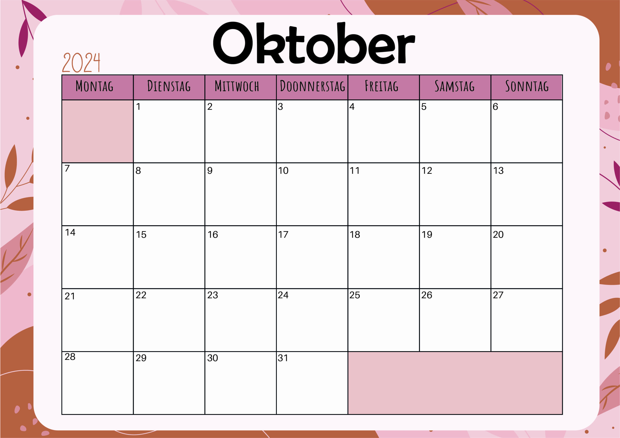 Kalender Oktober 2024 zum Ausdrucken