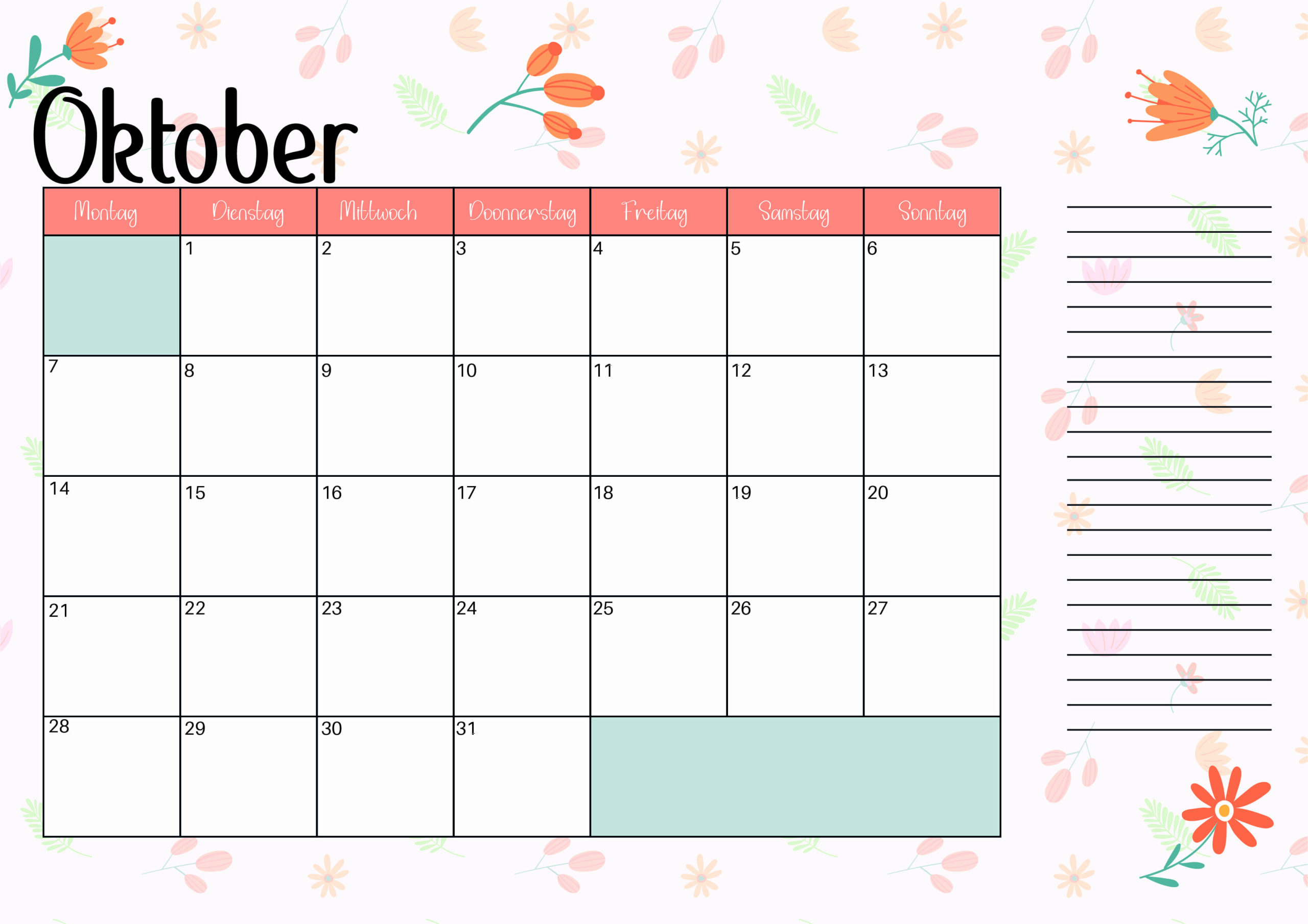 Kalender Oktober 2024 zum Ausdrucken im PDF-Format