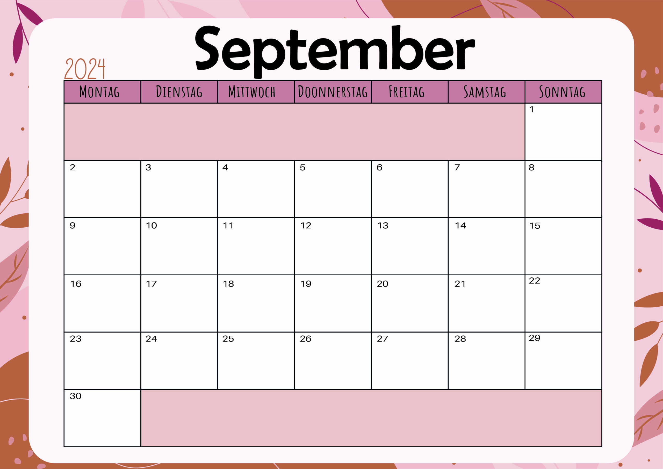 Kalender September 2024 zum Ausdrucken im PDF-Format