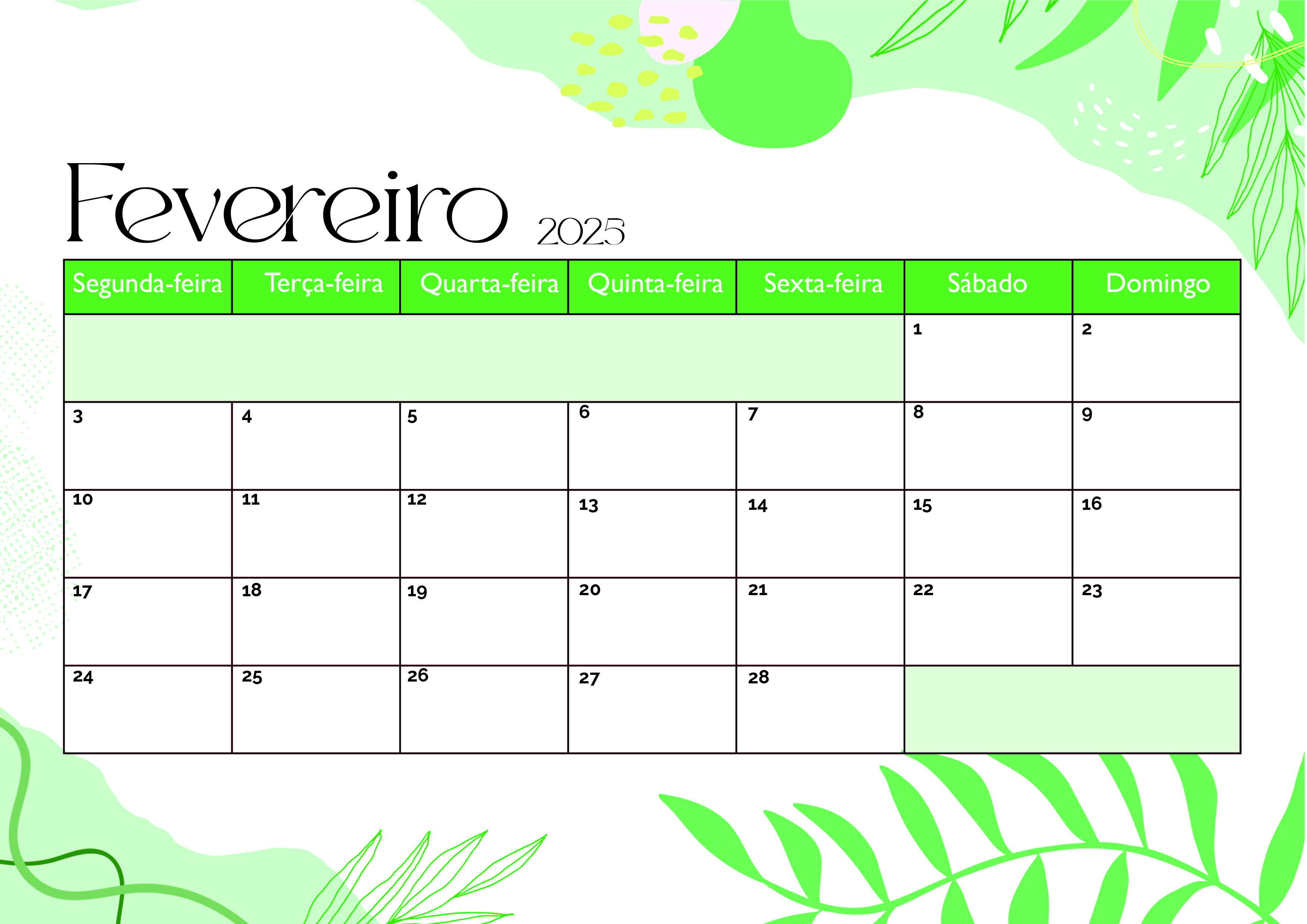 Calendário de Fevereiro de 2025 para imprimir em PDF