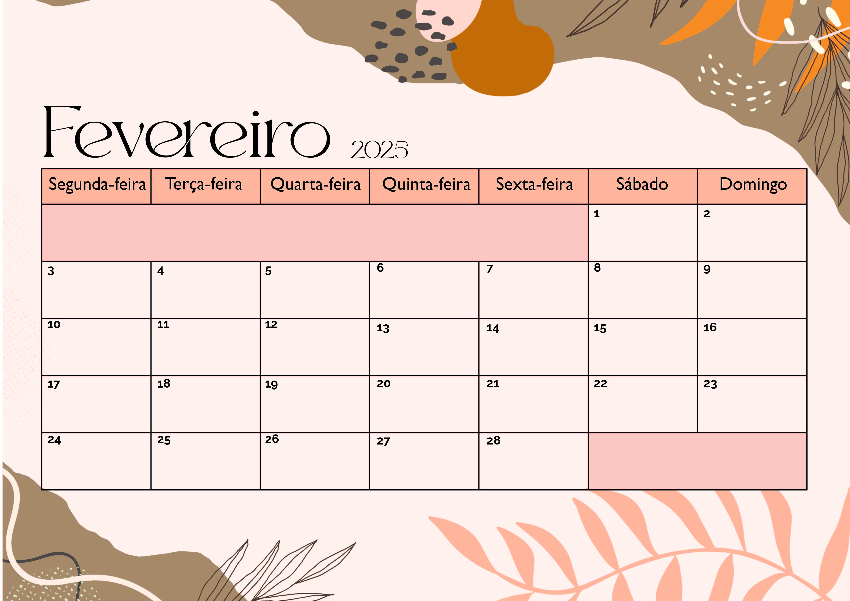 Calendário de Fevereiro de 2025 para imprimir em PDF