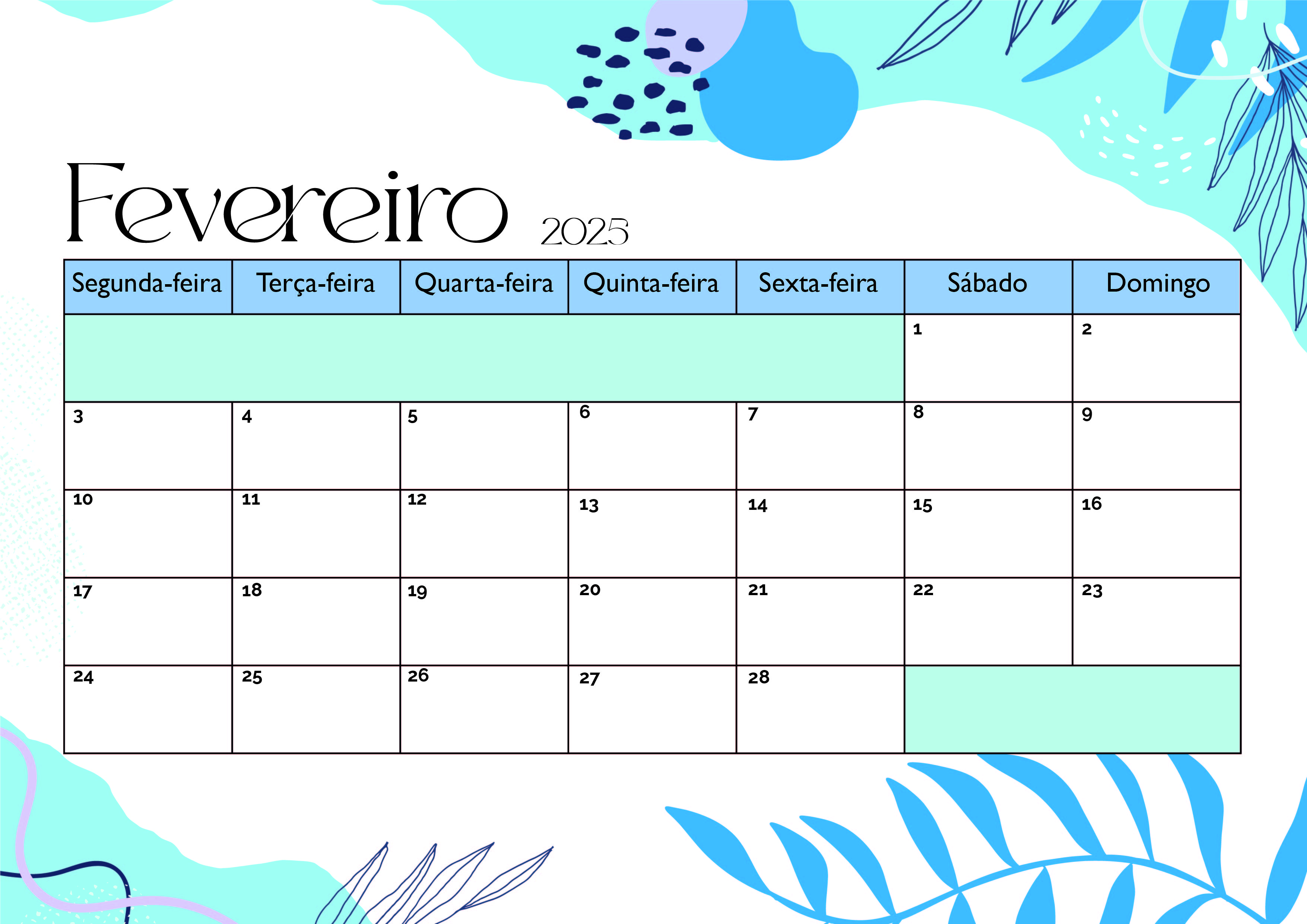Calendário de Fevereiro de 2025 para imprimir em PDF